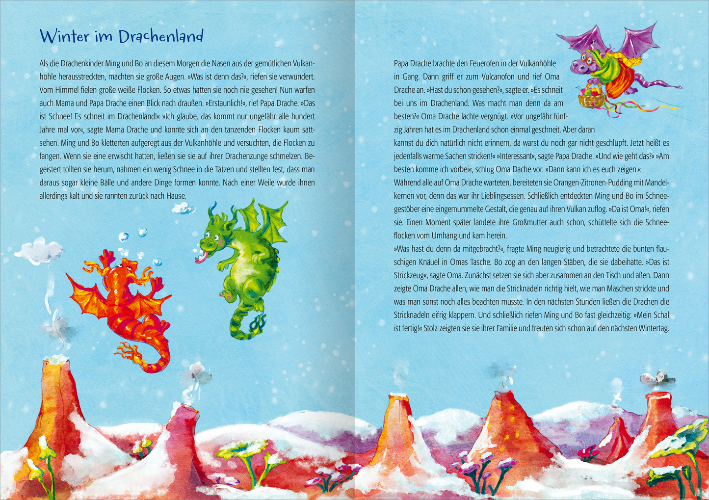 Gezeigt wird eine Innen- oder Zusatzansicht von „222 Winter- und Weihnachtsgeschichten“. Die Seite zeigt eine farbenfrohe Illustration mit zwei Drachen in warmen Tönen, einer rot und einer grün, vor einer fantasievollen, winterlichen Landschaft. Der Himmel ist in sanften Blautönen gehalten, während schneebedeckte Vulkane im Hintergrund zu sehen sind. Die Schrift ist klar und gut lesbar, in einer freundlichen Typografie, die den Text begleitet und die kindgerechte Stimmung unterstreicht.