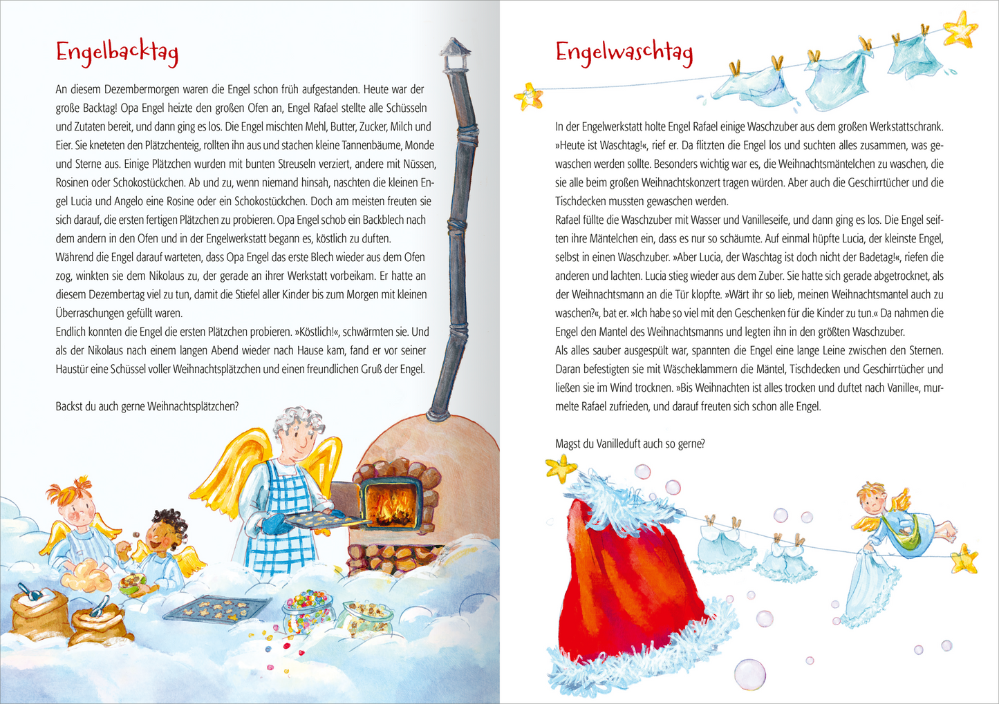 Gezeigt wird eine Innen- oder Zusatzansicht von „222 Winter- und Weihnachtsgeschichten“. Die Illustration zeigt einen fröhlichen Engel mit Flügeln, der vor einem Kamin mit brennendem Feuer steht. Umgeben von weiteren Engeln und kleinen Kindern, die an verschiedenen Vorbereitungen für den Engelstag beteiligt sind. Farben sind hell und einladend, besonders in sanften Tönen von Blau, Weiß und Gold. Die Schrift ist verschnörkelt und kindgerecht, wobei die Überschriften in einem warmen...