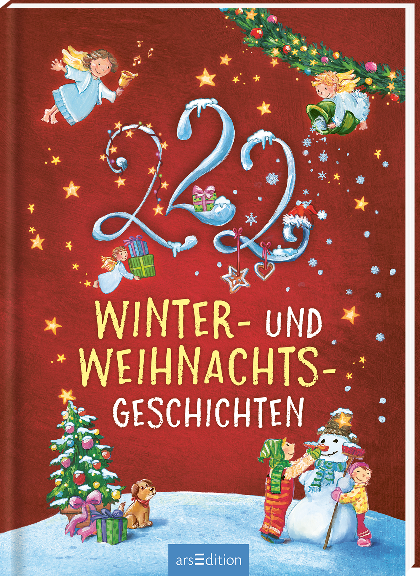 Das Buchcover zeigt einen roten Hintergrund, der eine festliche Atmosphäre schafft. Daran sind fröhliche, cartoonartige Engel und Kinder abgebildet, die Winter- und Weihnachtsgeschenke halten. In der Mitte steht in großen, geschwungenen weißen Buchstaben „22 WINTER- UND WEIHNACHTS-GESCHICHTEN“. Ein kleiner Schneemann und ein Weihnachtsbaum sind am unteren Rand zu sehen. Ganz oben befindet sich ein festlicher Kranz. Ganz unten mittig steht der Logoschriftzug von arsEdition.