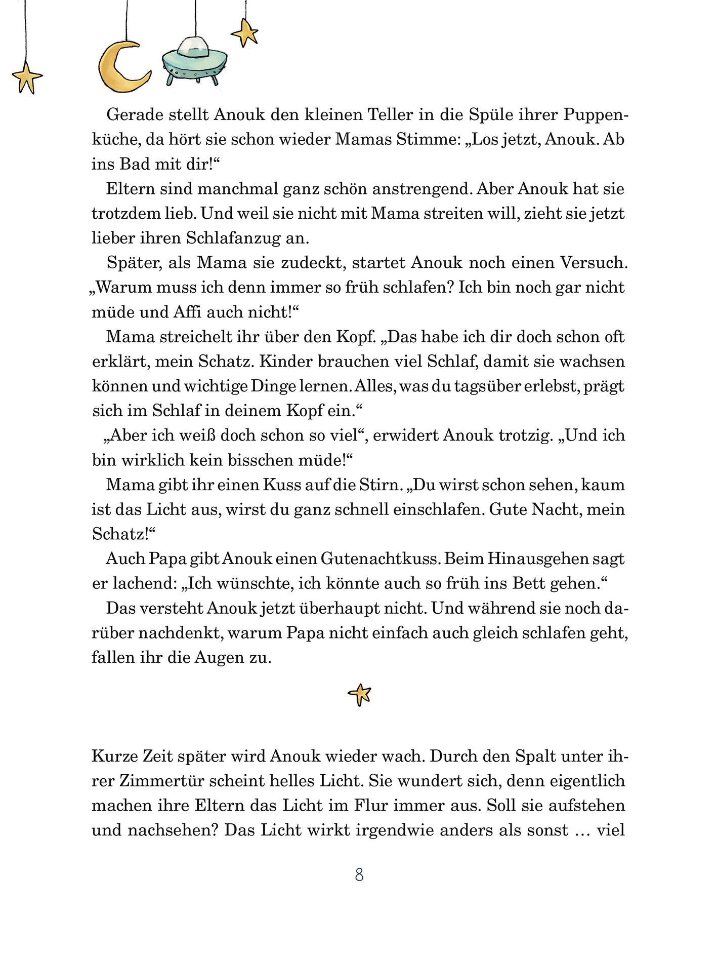 Gezeigt wird eine Innen- oder Zusatzansicht von „Anouk, die nachts auf Reisen geht“. Die Textpassagen sind in freundlicher, verspielter Schrift gesetzt und durch Illustrationen in sanften Pastellfarben ergänzt.