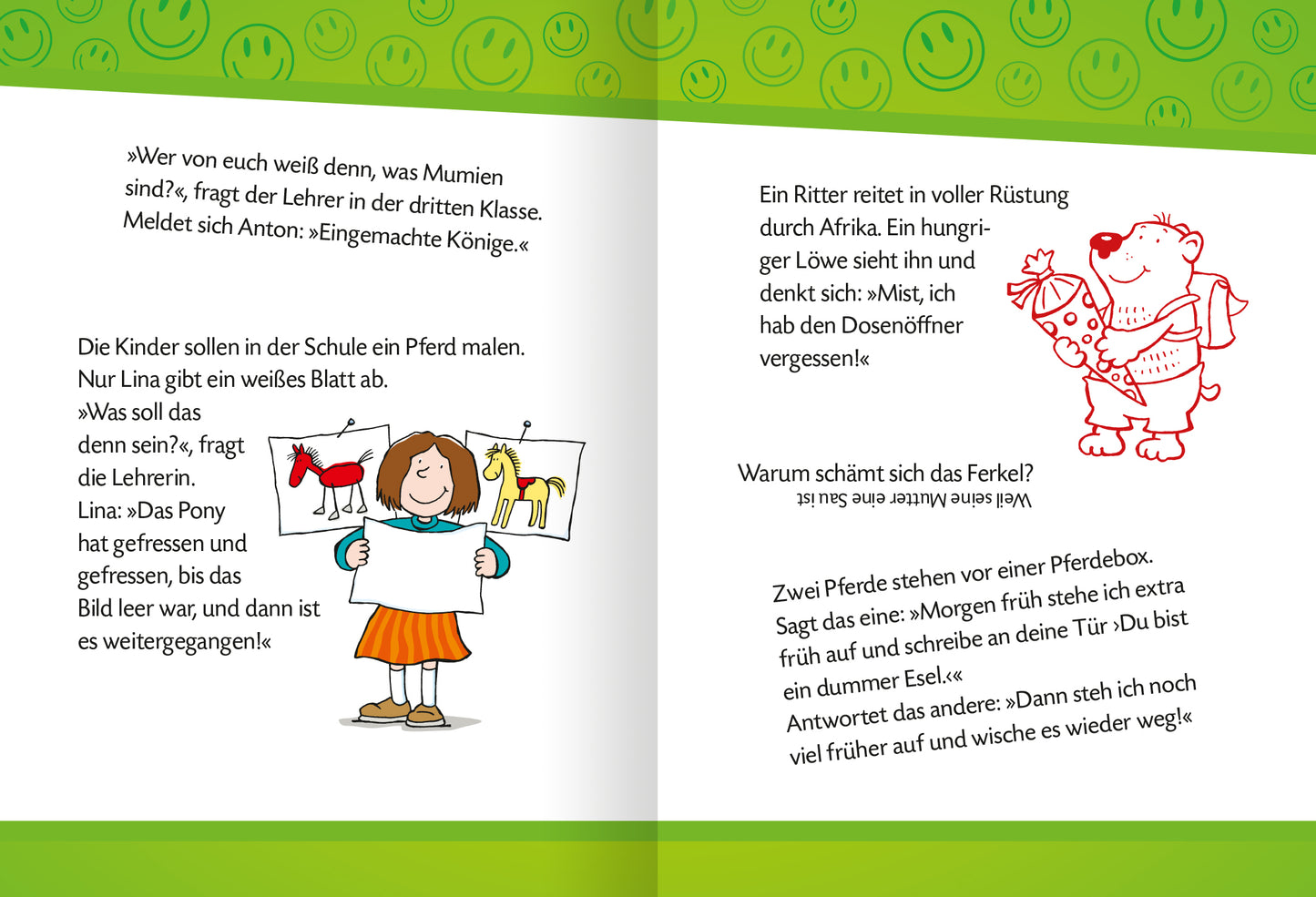 Gezeigt wird eine Innen- oder Zusatzansicht von „Mein super Witzebuch“. Auf der linken Seite ist ein fröhliches Mädchen mit einer Zeichnung von Pferden abgebildet, umgeben von bunten Farben und einem hellgrünen Hintergrund mit Smiley-Motiven. Der Text in kindgerechter Schrift ist humorvoll formuliert und in schwarzer Typografie gehalten. Auf der rechten Seite steht neben dem Text ein illustrierter Bär mit Schultüte und Rucksack.