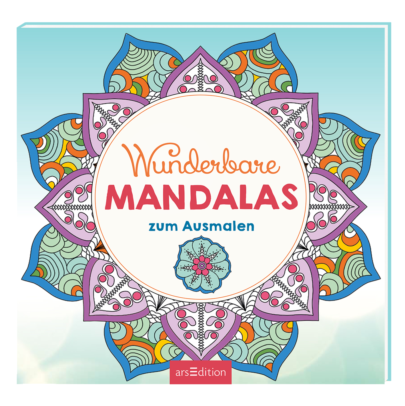 Das Cover zeigt eine farbenfrohe Mandala-Gestaltung mit einem hellblauen Hintergrund. Im Zentrum befindet sich ein großes, rundes Element in Weiß, das mit bunten Mustern verziert ist. Der Titel „Wunderbare MANDALAS“ ist in lebhaftem Rot gestaltet, während „zum Ausmalen“ in einem sanften Grau darunter steht. Bunte Blüten und geometrische Formen verleihen dem Design eine harmonische Ausstrahlung. Ganz unten mittig steht der Logoschriftzug von arsEdition.