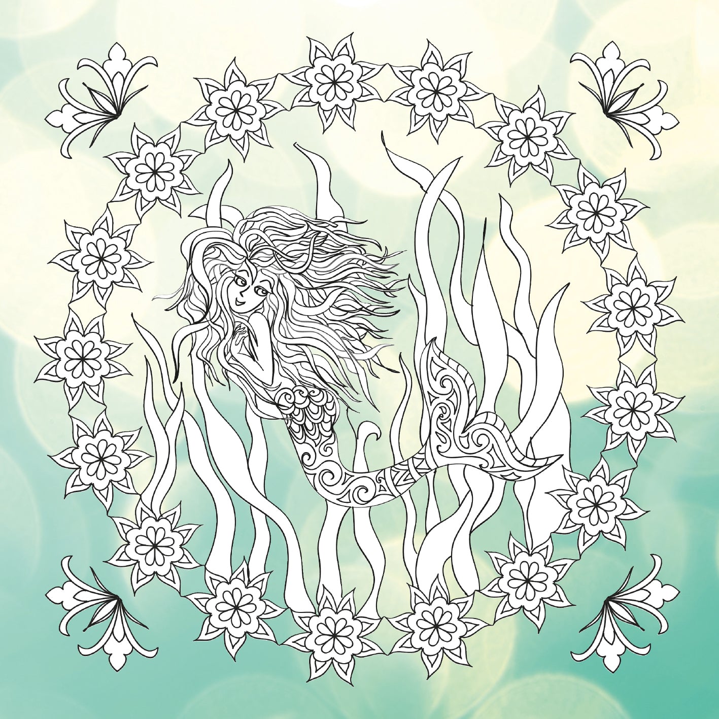 Gezeigt wird eine Innen- oder Zusatzansicht von „Wunderbare Mandalas zum Ausmalen“. Das Bild zeigt eine sorgfältig gestaltete Mandala-Illustration in Schwarz-Weiß, die eine Meerjungfrau umgeben von floralen Elementen und geschwungenen Pflanzen darstellt. Die Meerjungfrau hat lange, lockige Haare und trägt ein ornamentiertes Oberteil. Die blütenartigen Rahmen und verspielten Schmetterlinge verleihen dem Gesamtbild eine harmonische und einladende Atmosphäre.