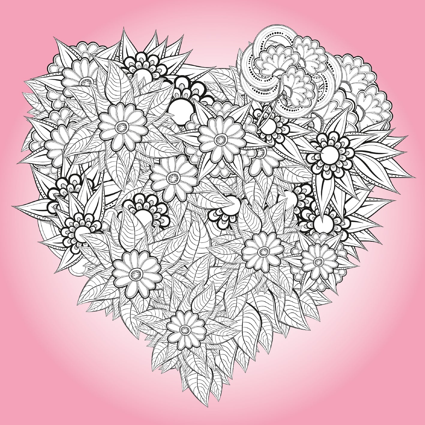 Gezeigt wird eine Innen- oder Zusatzansicht von „Wunderbare Mandalas zum Ausmalen“. Die Abbildung zeigt ein herzförmiges Motiv reich an floralen und blattartigen Elementen in schwarzer Kontur. Delikate Blüten mit strahlenden Mittelpunkten sind prominent platziert, durchzogen von filigranen Blättern. Der Hintergrund ist in sanften Rosa- und Pinktönen gehalten, was dem Gesamtbild eine warme, einladende Atmosphäre verleiht. Die Typografie ist verspielt und gut lesbar.