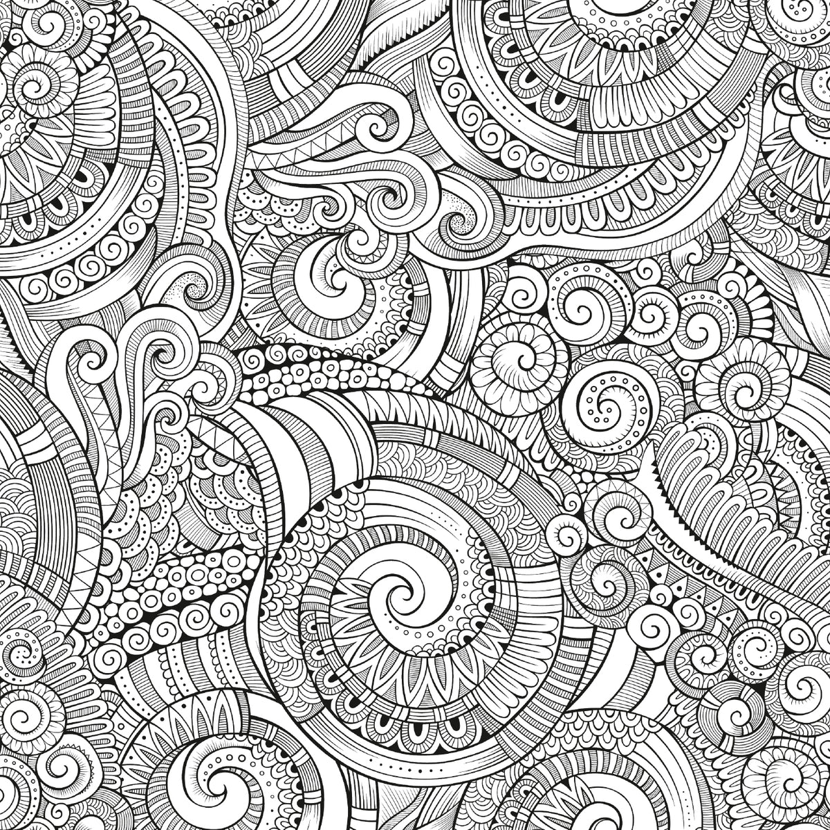 Gezeigt wird eine Innen- oder Zusatzansicht von „Wunderbare Mandalas zum Ausmalen“. Die Abbildung zeigt eine komplexe, schwarz-weiße Musterung mit spiralförmigen und geschwungenen Linien. Verschiedene geometrische Formen und filigrane Details sind aufeinander abgestimmt, die ein harmonisches Gesamtbild ergeben. Die Typografie der Überschrift ist klar und gut leserlich, während die Konturen der Muster ausreichend groß sind, um ein einfachen Ausmalen zu ermöglichen.