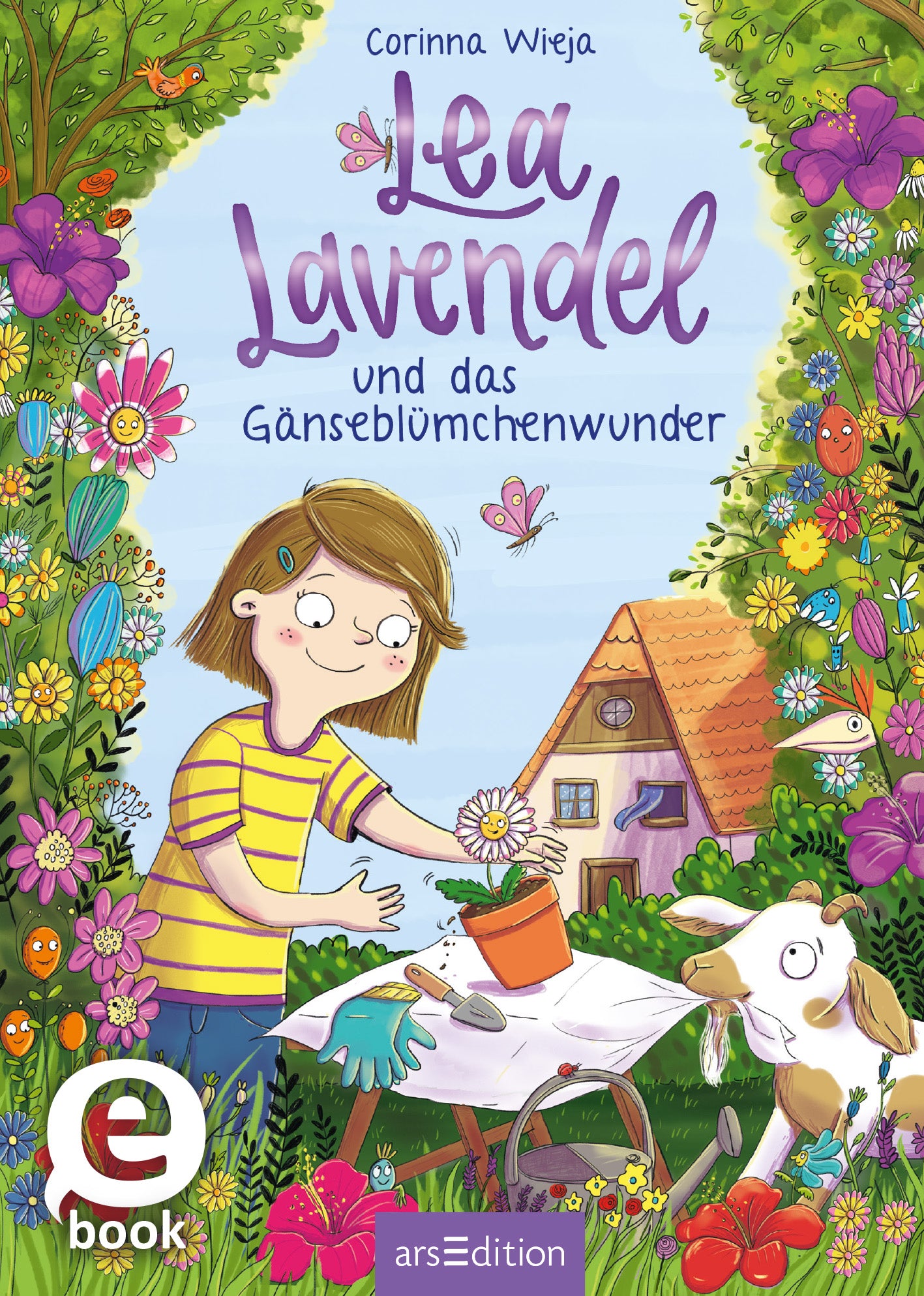 Auf dem Cover ist ein junges Mädchen mit schulterlangen, braunen Haaren abgebildet, das auf einem Tisch eine Blume pflanzt. Sie trägt ein gestreiftes Shirt und zeigt eine freudige Miene. Um sie herum blühen zahlreiche bunte Blumen in verschiedenen Farben, während ein kleiner Hund neben ihr sitzt. Der Titel „Lea Lavendel und das Gänseblümchenwunder“ ist in verspielter, lila Schrift gestaltet. Oben links steht der Name „Corinna Wieja“. Ganz unten mittig steht der Logoschriftzug von...