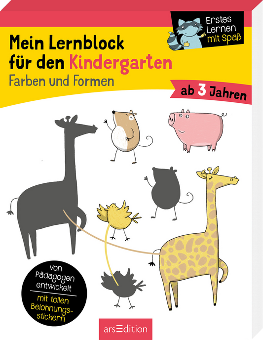Das Buchcover zeigt eine fröhliche, kindgerechte Illustration mit einem schwarzen Giraffen, einem grauen Elefanten, einem rosa Schwein und einem gelben Vogel. Die Tiere sind um eine Strichlinie gruppiert und bieten eine spielerische Darstellung. Der Titel „Mein Lernblock für den Kindergarten“ ist in großen, bunten Buchstaben oben links platziert, gefolgt von „Farben und Formen“. Ein Hinweis „ab 3 Jahren“ befindet sich oben rechts. Ganz oben befindet sich das Label „Erstes...