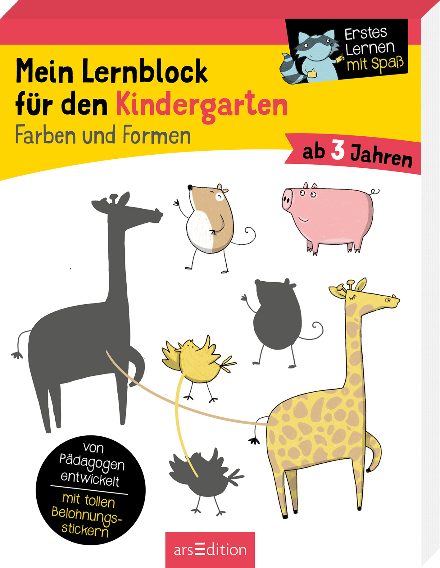 Das Buchcover zeigt eine fröhliche, kindgerechte Illustration mit einem schwarzen Giraffen, einem grauen Elefanten, einem rosa Schwein und einem gelben Vogel. Die Tiere sind um eine Strichlinie gruppiert und bieten eine spielerische Darstellung. Der Titel „Mein Lernblock für den Kindergarten“ ist in großen, bunten Buchstaben oben links platziert, gefolgt von „Farben und Formen“. Ein Hinweis „ab 3 Jahren“ befindet sich oben rechts. Ganz oben befindet sich das Label „Erstes...