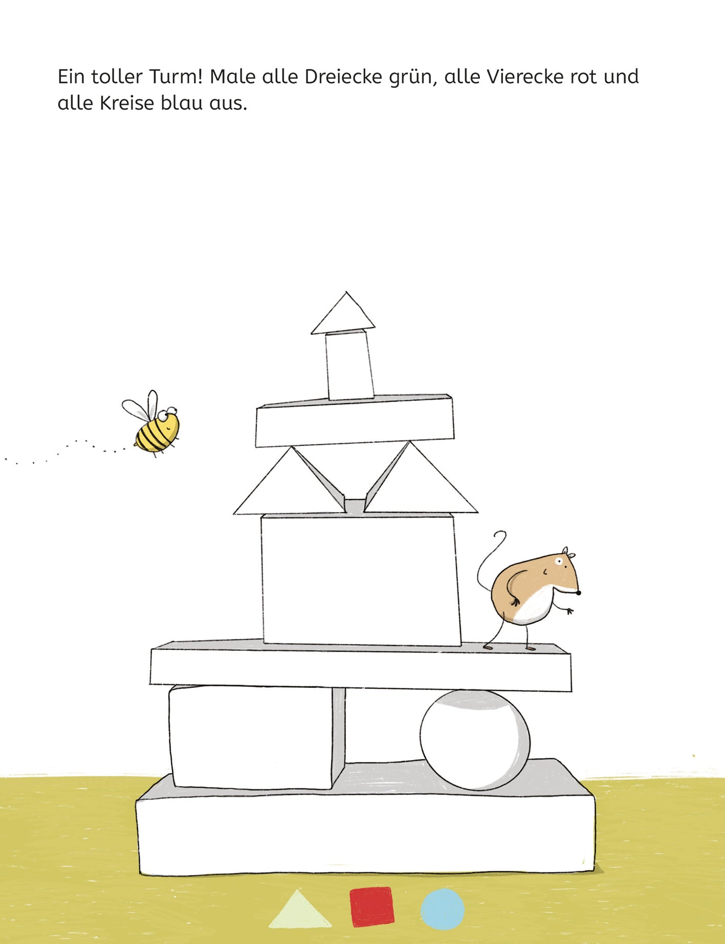 Gezeigt wird eine Innen- oder Zusatzansicht von „Mein Lernblock für den Kindergarten – Farben und Formen“. Die Illustration zeigt einen bunten Turm aus verschiedenen geometrischen Formen: Dreiecke, Vierecke und einen Kreis, die um einen erdigen Hintergrund angeordnet sind. Eine Biene fliegt um den Turm, während eine Maus neugierig daneben steht. Die Typografie der überliegenden Schrift ist klar und kindgerecht, in einer gut lesbaren sans-serif Schrift.