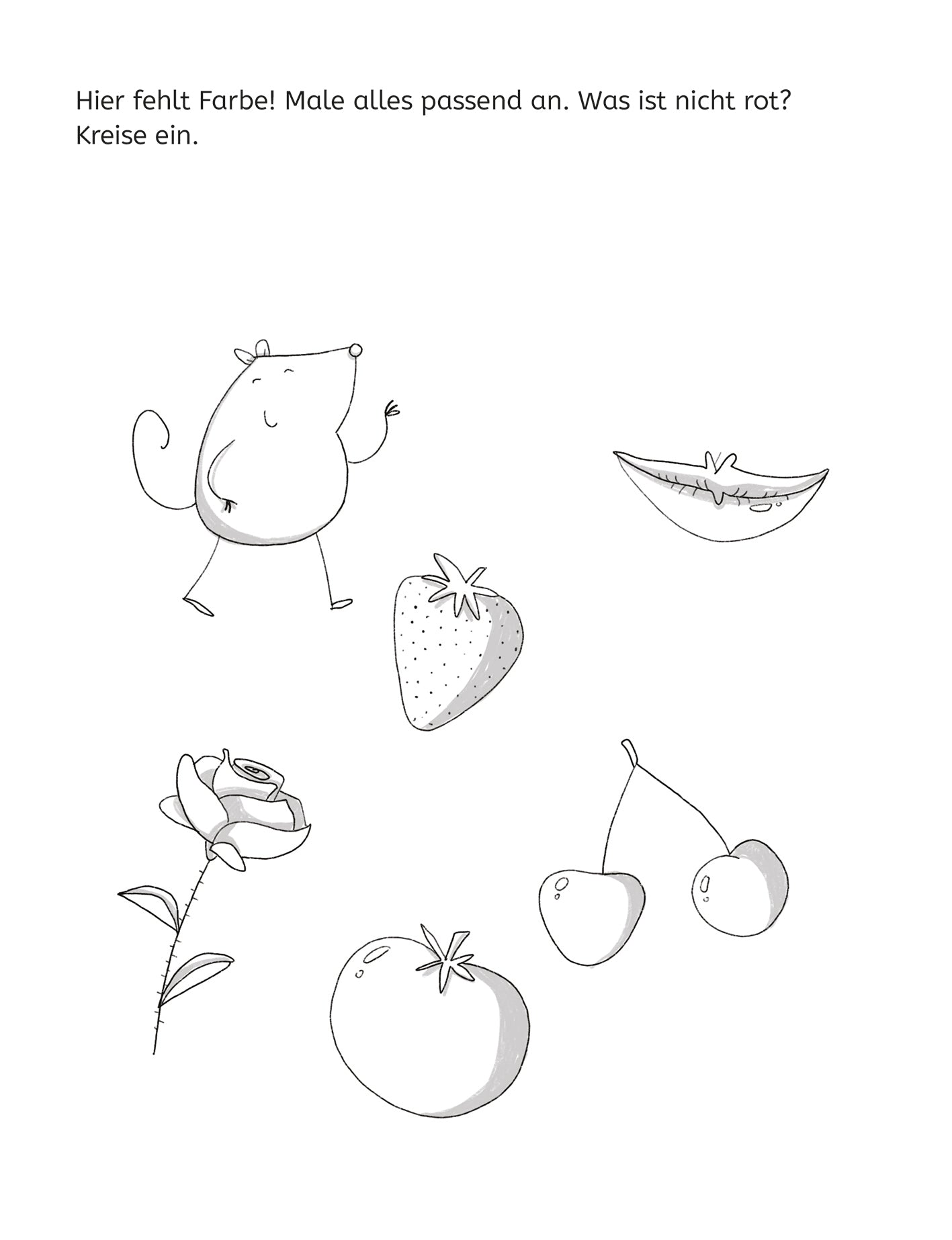 Gezeigt wird eine Innen- oder Zusatzansicht von „Mein Lernblock für den Kindergarten – Farben und Formen“. Die Seite zeigt eine zeichnerische Darstellung verschiedener Objekte in Schwarz-Weiß, darunter eine lächelnde Maus, eine Erdbeere, eine Rose, eine gelbe Tomate, eine Kirsche und eine halbierte Melone. Der Hintergrund ist schlicht und die typografische Gestaltung umfasst eine klare, gut lesbare Schrift, die eine Aufgabenstellung zum Ausmalen enthält.