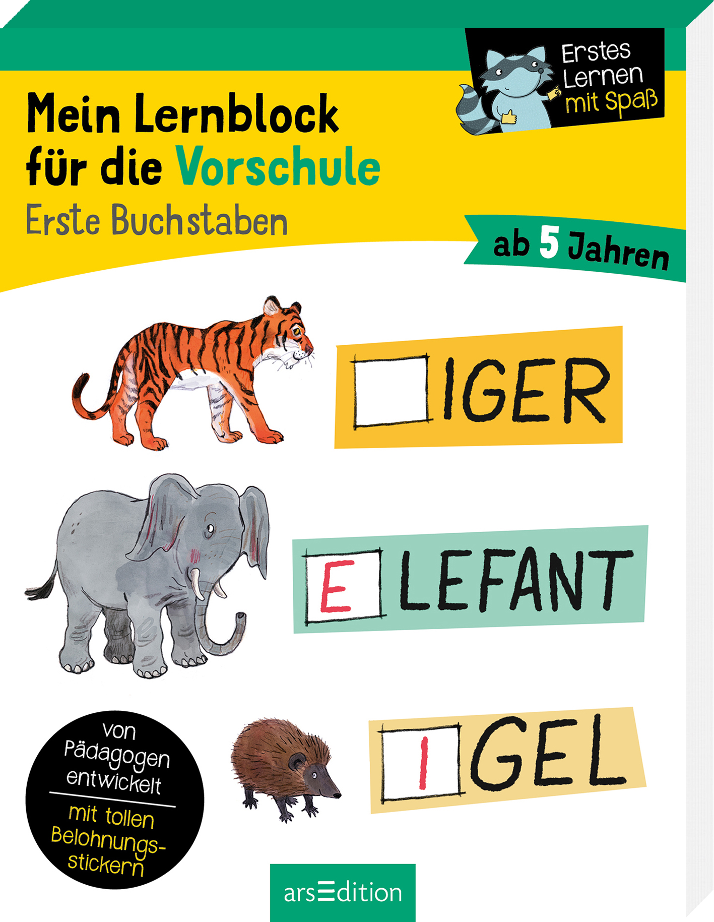 Das Buchcover zeigt einen bunten und einladenden Stil für Vorschulkinder. Im oberen Bereich befindet sich der Titel „Mein Lernblock für die Vorschule“ in fröhlichen Buchstaben, ergänzt durch den Schriftzug „Erstes Lernen mit Spaß“ und einen kleinen blauen Charakter. Darunter sind die Illustrationen eines Tigers, eines Elefanten und eines Igels abgebildet, die mit bunten Kästchen und den ersten Buchstaben ihrer Namen gestaltet sind. Oben links ist der Hinweis „ab 5 Jahren“...