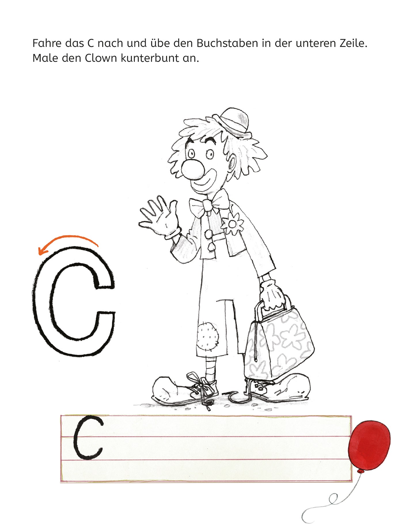 Gezeigt wird eine Innen- oder Zusatzansicht von „Mein Lernblock für die Vorschule – Erste Buchstaben“. Auf der Seite befindet sich eine Umrisszeichnung eines Clowns in lebhaften Farben, der fröhlich winkt. Links steht der Buchstabe „C“ in großen, klaren Konturen zum Nachfahren. Darunter ist eine Zeile zum Üben des Schreibens, ergänzt durch eine rote Luftballon-Illustration in der unteren rechten Ecke. Der Hintergrund ist hell und einladend gestaltet.