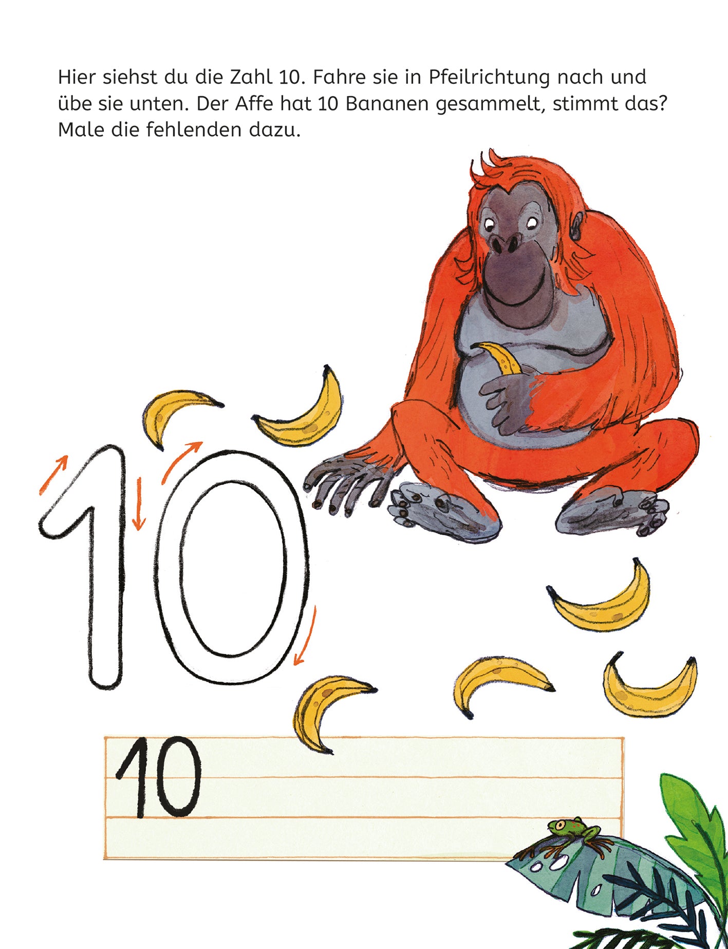 Gezeigt wird eine Innen- oder Zusatzansicht von „Mein Lernblock für die Vorschule – Erste Zahlen“. Abgebildet ist ein freundlicher Orang-Utan mit orangem Fell, der zehn gelbe Bananen um sich hat. Die Zahl „10“ ist groß und in einer klaren, handschriftlichen Schriftart dargestellt, umrahmt von Pfeilen für eine Nachzeichnungsübung. Der Hintergrund ist hell und freundlich, mit grünen Blättern am unteren Bildrand, die eine einladende Atmosphäre schaffen.