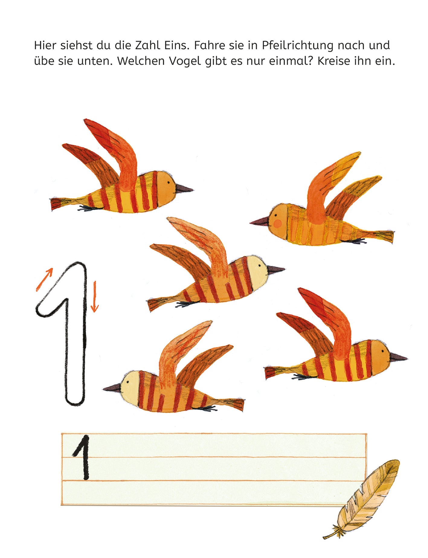 Gezeigt wird eine Innen- oder Zusatzansicht von „Mein Lernblock für die Vorschule – Erste Zahlen“. Die Seite zeigt die Zahl Eins, illustriert durch eine große, geschwungene, handschriftliche Ziffer in Schwarz. Darunter fliegen fünf orange-gelbe Vögel mit roten Flügeln, die jeweils verschiedene Positionen einnehmen. Am unteren Rand befindet sich ein linierter Bereich zur eigenen Schriftübung. Die gesamte Farbpalette ist hell und freundlich, was die Lernatmosphäre unterstützt.