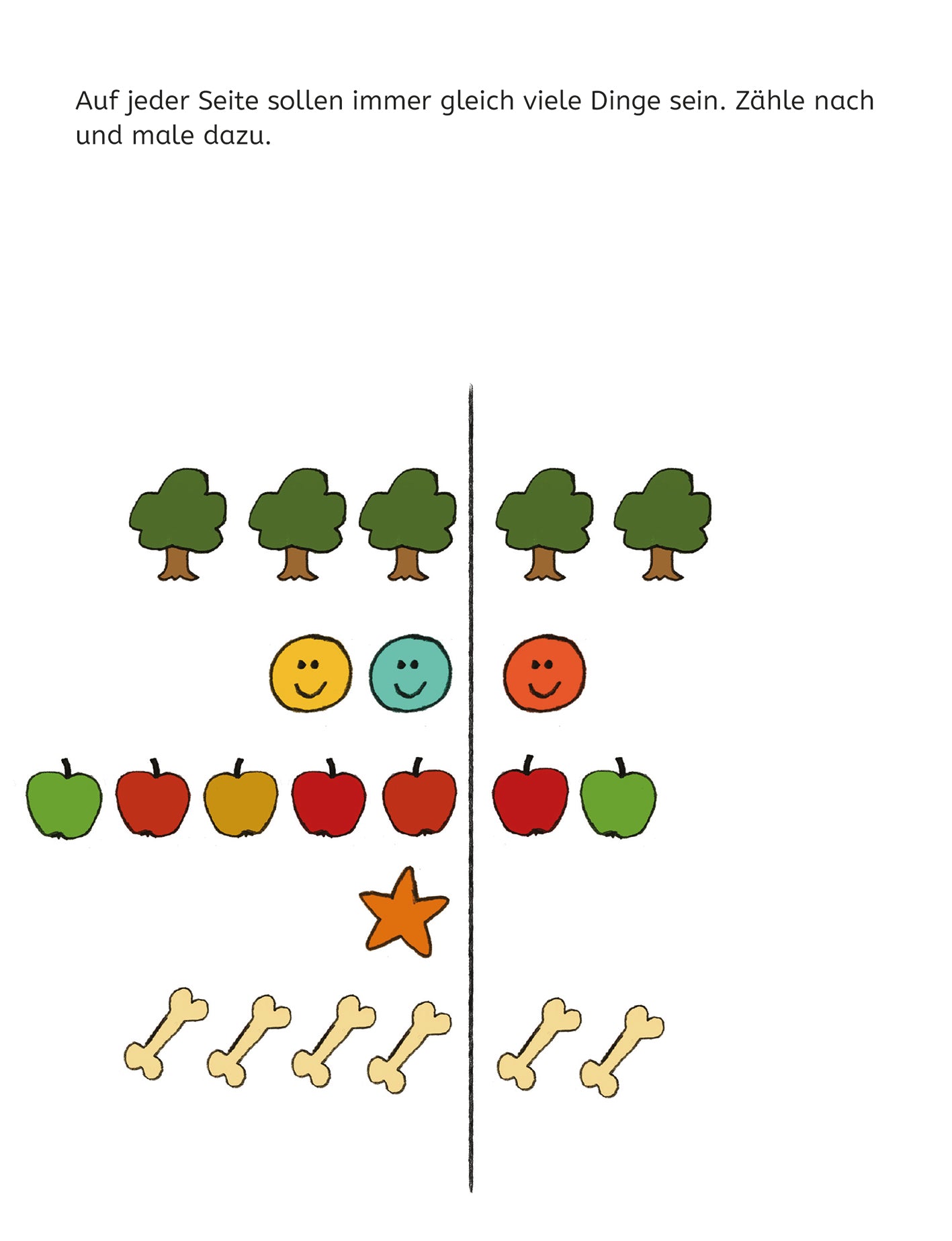 Gezeigt wird eine Innen- oder Zusatzansicht von „Mein Lernblock für die Vorschule – Erste Zahlen“. Die Seite enthält bunte Illustrationen von Bäumen, Smileys, Äpfeln und Knochen in leichten Pastellfarben. Oberhalb sind drei grüne und ein roter Baum abgebildet, darunter lächeln zwei blaue und ein orangefarbener Smiley. Eine Reihe bunter Äpfel in verschiedenen Farben folgt, während eine rote Sternform in der Mitte heraussticht. Am unteren Rand sind mehrere beige Knochen zu sehen....