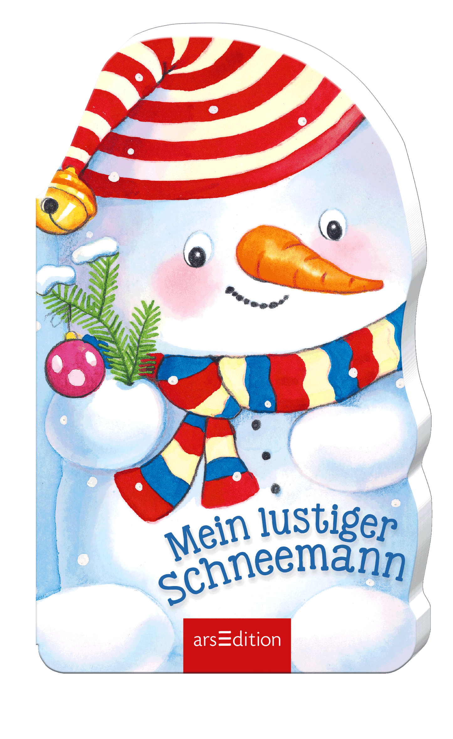Das Cover zeigt einen fröhlichen Schneemann mit einer rot-gestreiften Mütze und einem Schal in leuchtenden Farben. Der Schneemann hält in seiner rechten Hand eine grüne Tannenzweige und ist umgeben von einer roten Weihnachtskugel. Der Titel „Mein lustiger Schneemann“ ist in einer verspielten, blauen Schrift unterhalb des Schneemanns platziert. Ganz unten mittig steht der Logoschriftzug von arsEdition.