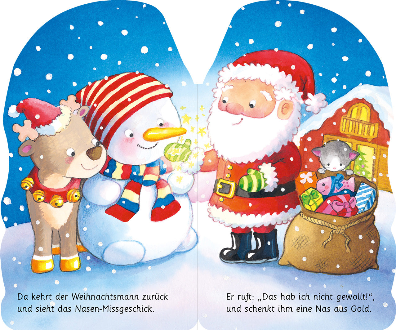 Gezeigt wird eine Innen- oder Zusatzansicht von „Mein lustiger Schneemann“. Die Illustration zeigt einen freundlichen Schneemann mit einem bunten, gestreiften Schal und einer Karottennase, der neben einem fröhlichen Rentier und dem Weihnachtsmann steht. Der Weihnachtsmann trägt einen roten Anzug mit weißen Details und hält ein Geschenk in der Hand. Im Hintergrund sind schneebedeckte Bäume und ein blauer Himmel zu sehen, während weiße Schneeflocken fallen. Die Schrift ist kindgerecht...