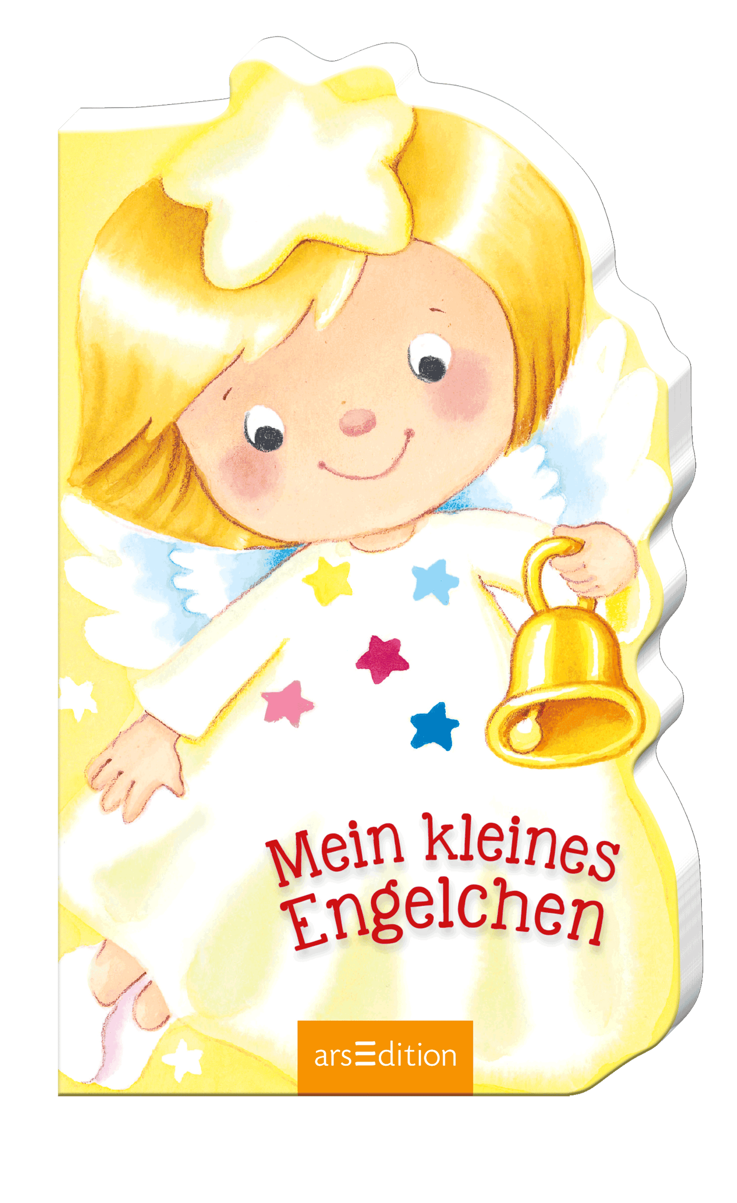 Das Buchcover zeigt ein fröhliches Engelchen mit blonden Haaren und einer goldenen Glocke. Es trägt ein weißes Kleid mit bunten Sternen in blau, rot und gelb. Der Hintergrund ist hellgelb, was eine warme und einladende Atmosphäre schafft. Der Titel „Mein kleines Engelchen“ ist in einer verspielten roten Schriftart wiedergegeben. Ganz unten mittig steht der Logoschriftzug von arsEdition.