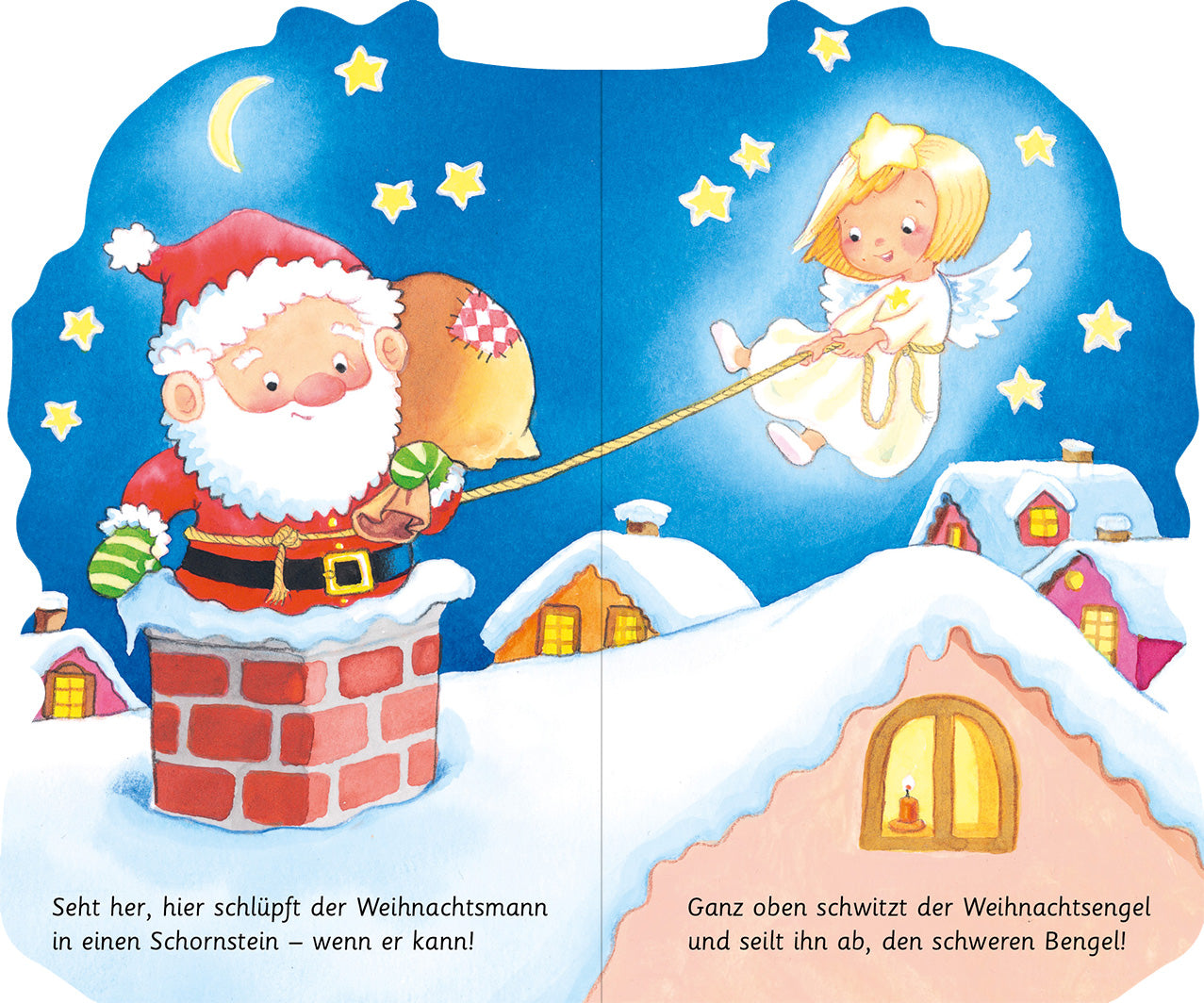 Gezeigt wird eine Innen- oder Zusatzansicht von „Mein kleines Engelchen“. Die Illustration zeigt einen fröhlichen Weihnachtsmann, der in einen roten Schornstein mit Ziegeln schlüpft, während ein goldener Engel mit geflügeltem Outfit schwebt. Der Hintergrund ist in tiefem Blau mit funkelnden, gelben Sternen und einem Halbmond, während die Dächer der Häuser schneebedeckt sind. Die Schrift ist kindgerecht, verspielt und bunt, was die festliche Atmosphäre unterstreicht.