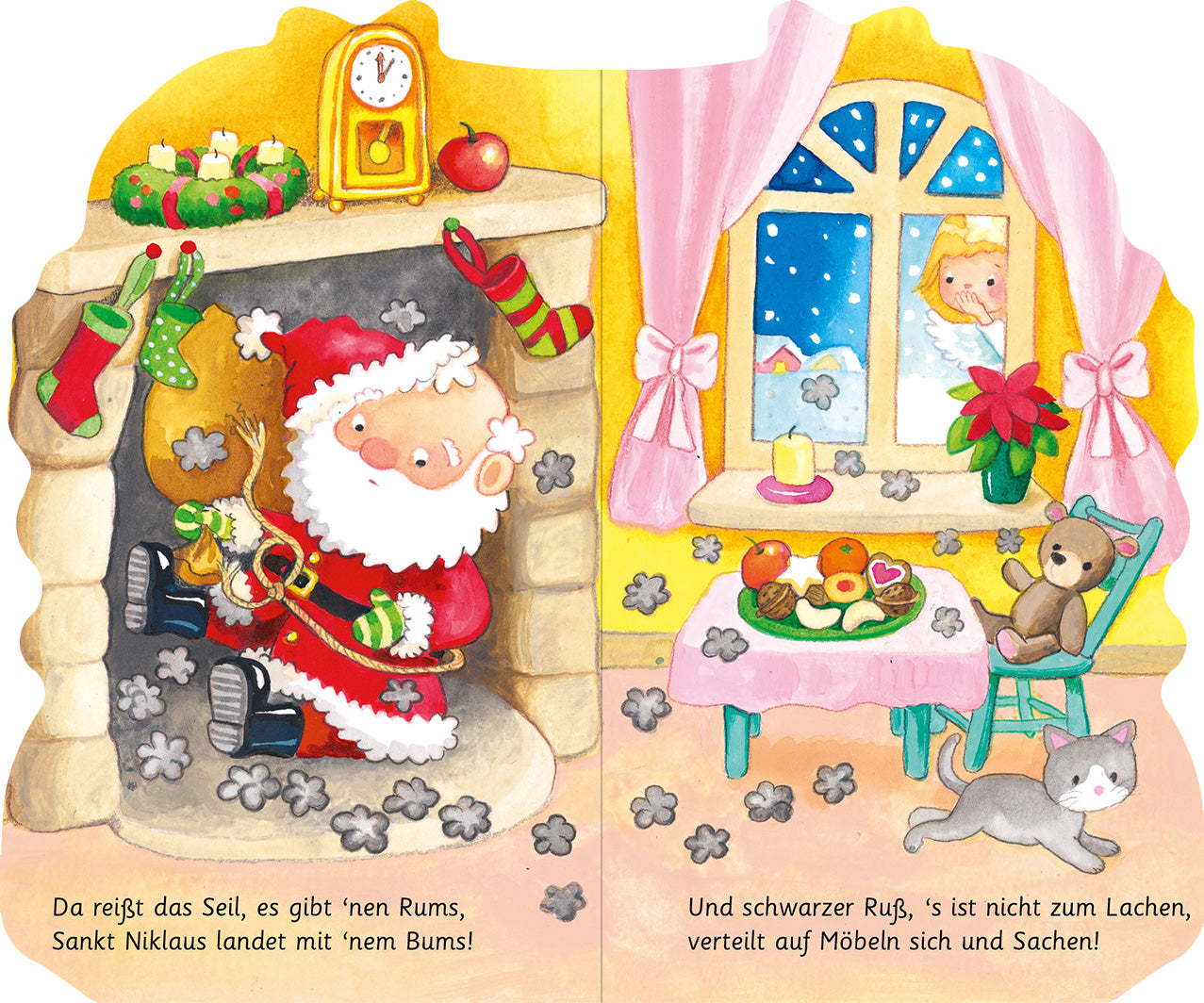 Gezeigt wird eine Innen- oder Zusatzansicht von „Mein kleines Engelchen“. Auf der linken Seite sitzt ein fröhlicher Weihnachtsmann im Kamin, umgeben von bunten Strümpfen und Geschenken. Die dominierenden Farben sind Rot, Grün und Braun. Die rechte Seite zeigt ein gemütliches Zimmer mit einem Tisch, der mit frischen Früchten und Kerzen dekoriert ist, sowie einem Fenster, durch das ein Kind mit blonden Haaren schaut. Der Stil ist kindgerecht und verspielt, mit klaren, runden Formen und...