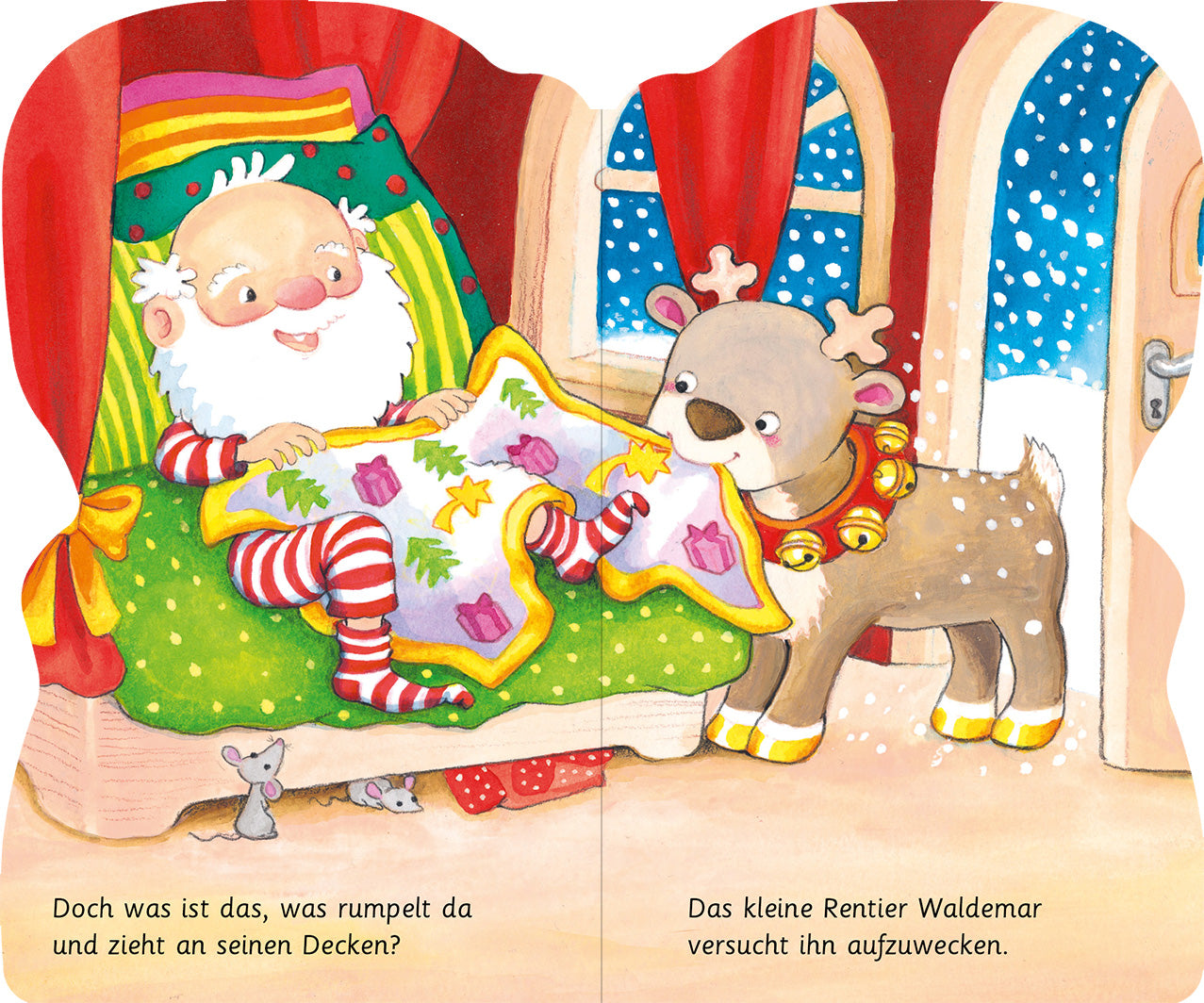 Gezeigt wird eine Innen- oder Zusatzansicht von „Lieber, guter Weihnachtsmann“. Auf der Seite ist der Weihnachtsmann in einem gemütlichen, grünen Sessel mit bunten Decken abgebildet. Er trägt ein rötliches Oberteil mit gestreiften, roten und weißen Hosen. Neben ihm steht das Rentier Waldemar, das versucht, ihn aufzuwecken. Der Hintergrund zeigt winterliche Fenster mit fallendem Schnee, während das Zimmer in warmen Farben, hauptsächlich Rot und Grün, gestaltet ist. Die Schrift ist...