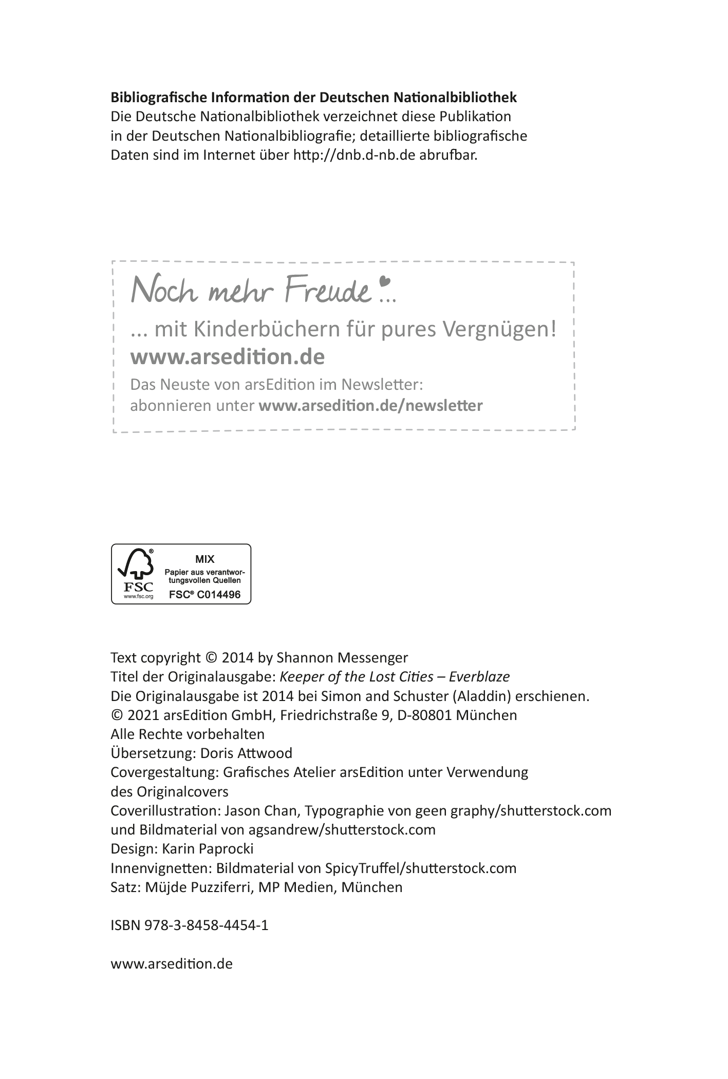 Gezeigt wird eine Innen- oder Zusatzansicht von „Keeper of the Lost Cities – Das Feuer“. Die Seite enthält bibliografische Informationen und Hinweise zur Nutzung.