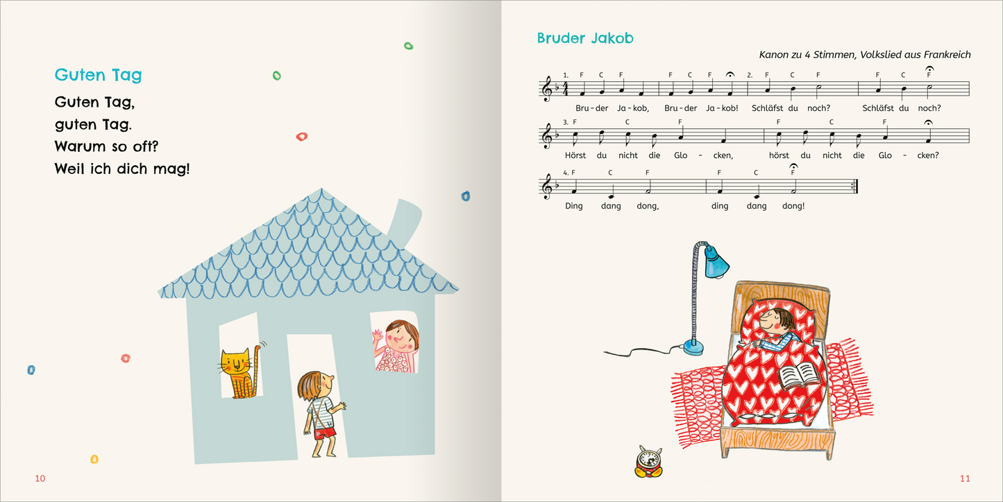 Gezeigt wird eine Innen- oder Zusatzansicht von „Lieder und Reime für Klitzekleine“. Auf der linken Seite befindet sich eine bunte Illustration eines Hauses mit einer Gruppe fröhlicher Figuren und einem Tier. Die Farben sind hell und einladend. Der Text „Guten Tag“ ist in klarer, gut lesbarer Schrift in Schwarz gehalten. Auf der rechten Seite sind Noten für das Lied „Bruder Jakob“ abgebildet, neben einer warmen Zeichnung einer Person in einem gemütlichen Sessel mit einer roten...