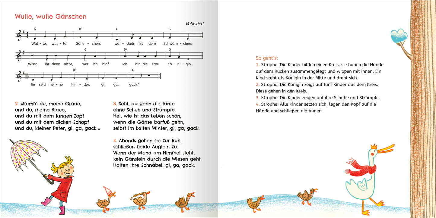 Gezeigt wird eine Innen- oder Zusatzansicht von „Lieder und Reime für Klitzekleine“. Auf der linken Seite befindet sich die Notenpartitur mit der Überschrift „Wulle, wulle Gänschen“. Die Noten sind in Schwarz auf weißem Hintergrund. Auf der rechten Seite ist der Text in klarer, gut lesbarer Schrift, umgeben von bunten Illustrationen. Darunter sind fröhlich gezeichnete Kinder, eine Gans und ein Wassermotiv in sanften Blau- und Orangetönen. Die gesamte Gestaltung ist...