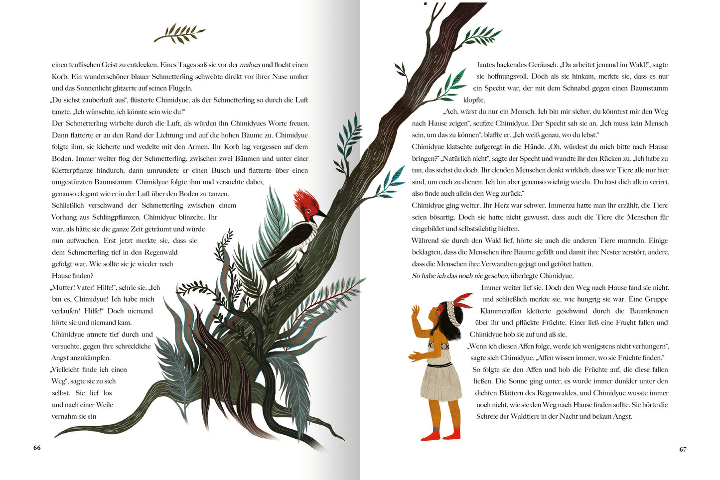 Gezeigt wird eine Innen- oder Zusatzansicht von „Die schönsten Geschichten von mutigen Mädchen“. Die Illustration zeigt einen detailreichen Baumstamm mit leuchtend grünen Blättern und einem roten Vogel. Rechts ist ein mutiges Mädchen in einem traditionellen Outfit zu sehen, das freudig gestikuliert. Der Hintergrund ist sanft gestaltet, und die Typografie ist freundlich und gut lesbar, wodurch eine einladende Atmosphäre geschaffen wird. Die Farbpalette umfasst lebendige Grüntöne und...