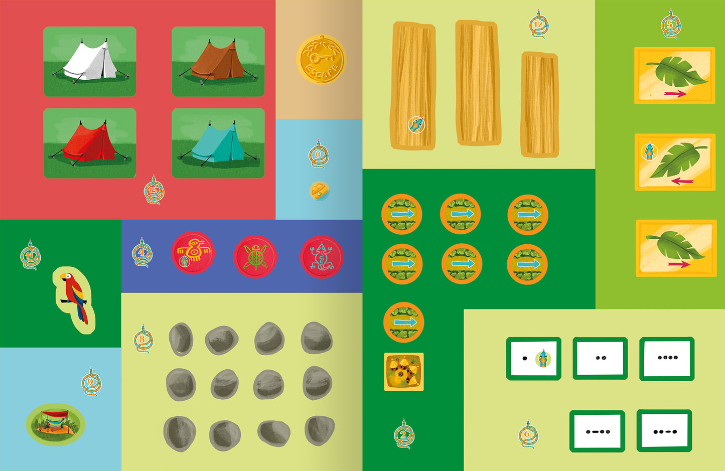 Gezeigt wird eine Innen- oder Zusatzansicht von „Escape-Stickerbuch – Verschollen im Dschungel“. Die Darstellung umfasst verschiedene farbige Bereiche in Rot, Blau, Grün und Gelb. Zu sehen sind Illustrationen von Zelten, Münzen, Blättern und Tieren. Es gibt zahlreiche Sticker in runder Form, die verschiedene Motive zeigen, sowie leere Felder zum Ausfüllen. Die Typografie ist klar und freundlich, unterstützt durch verspielte grafische Elemente, die das Dschungelthema unterstreichen.