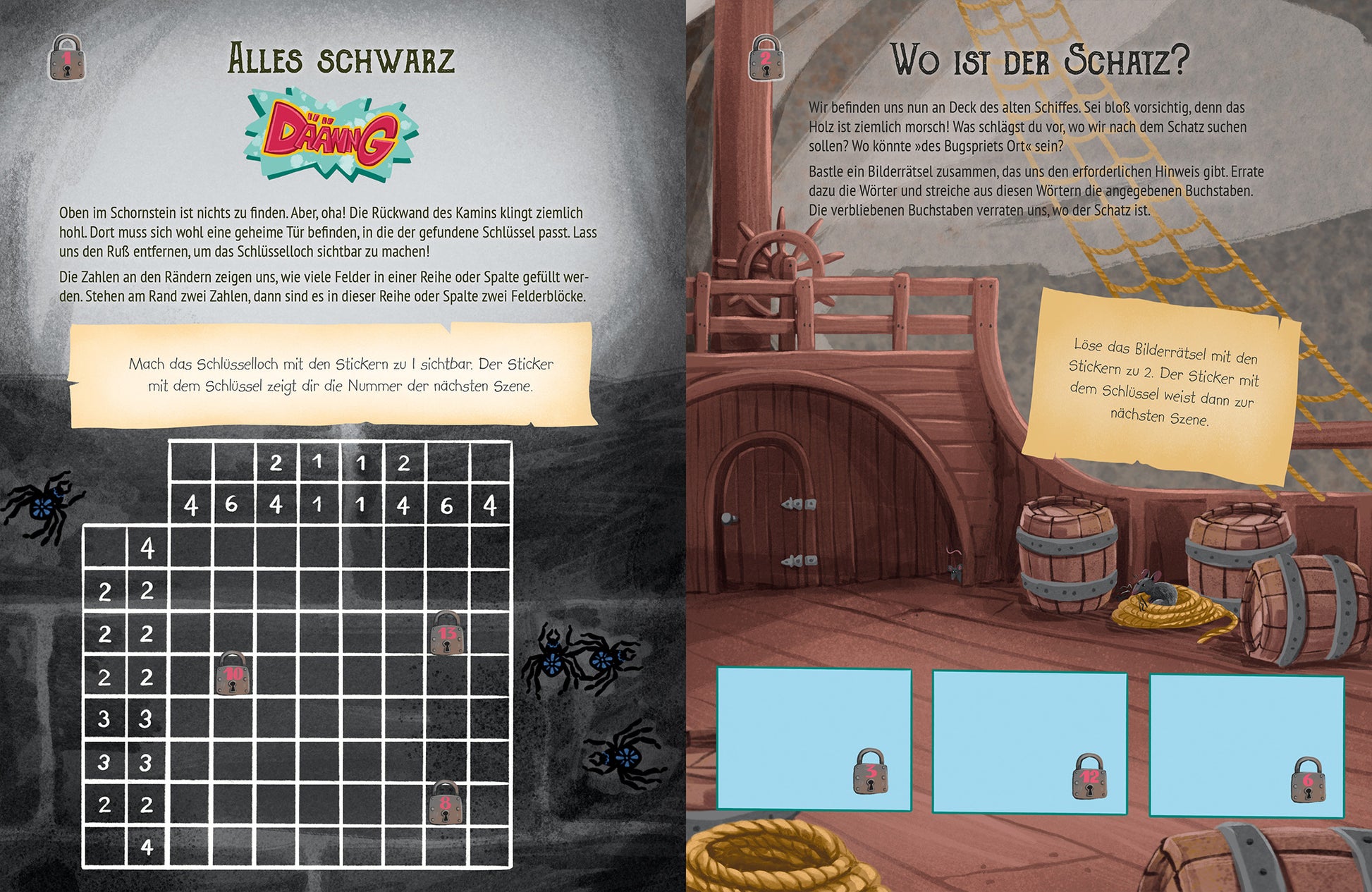 Gezeigt wird eine Innen- oder Zusatzansicht von „Escape-Stickerbuch – Das Geheimnis der alten Villa“. Die Seite ist in zwei Hälften unterteilt. Der linke Teil zeigt ein Gitterrätsel in Schwarz-Weiß mit Zahlen und einem bunten „Dämon“-Logo oben. Rechts ist eine Holzschiff-Umgebung abgebildet, angereichert mit Fässern und Seilen. Auf orangenen und gelben Hinweisschildern stehen Anweisungen. Die Schriftart ist verspielt und gut lesbar, predominant in dunklen und warmen Farbtönen.