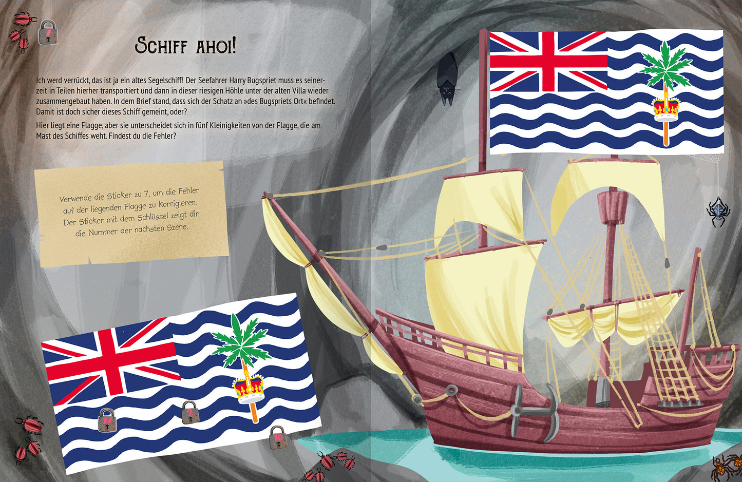 Gezeigt wird eine Innen- oder Zusatzansicht von „Escape-Stickerbuch – Das Geheimnis der alten Villa“. Die Seite zeigt ein seefahrendes Schiff in lebhaften Farbtönen, hauptsächlich Rot, Blau und Gelb. Im Hintergrund befindet sich eine graue Grotte, die die Abenteuersituation unterstreicht. Links sind zwei Flaggen abgebildet, die mit einem Palmenmotiv und Wellen versehen sind. Der Schriftzug „SCHIFF ahoi!“ ist in einer verspielten Schriftart prominent platziert.