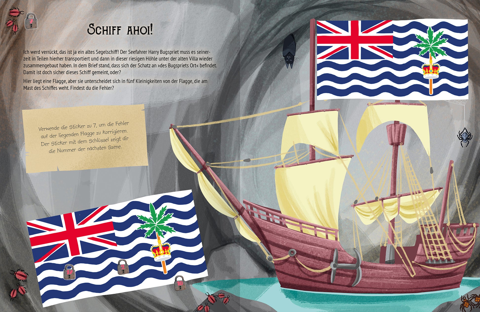 Gezeigt wird eine Innen- oder Zusatzansicht von „Escape-Stickerbuch – Das Geheimnis der alten Villa“. Die Seite zeigt ein seefahrendes Schiff in lebhaften Farbtönen, hauptsächlich Rot, Blau und Gelb. Im Hintergrund befindet sich eine graue Grotte, die die Abenteuersituation unterstreicht. Links sind zwei Flaggen abgebildet, die mit einem Palmenmotiv und Wellen versehen sind. Der Schriftzug „SCHIFF ahoi!“ ist in einer verspielten Schriftart prominent platziert.