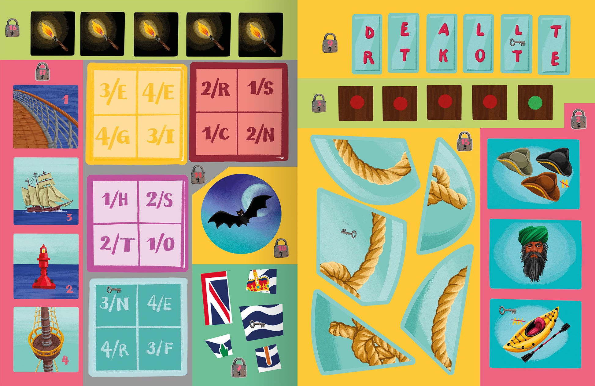 Gezeigt wird eine Innen- oder Zusatzansicht von „Escape-Stickerbuch – Das Geheimnis der alten Villa“. Die Farbtöne sind vielfältig, darunter gelbe, grüne und pinke Hintergründe. Das Layout umfasst mehrere bunte Kästchen und Illustrationen, wie Schiffe, ein Leuchtturm und eine Fledermaus. Die zentrale Typografie zeigt den Schriftzug „DEALTRKOTE“ in großen Buchstaben, umgeben von Symbolen und Bildern, die zum Rätseln einladen.