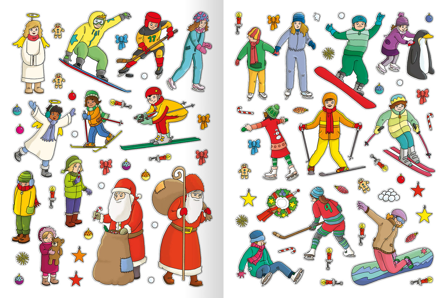 Gezeigt wird eine Innen- oder Zusatzansicht von „Erstes Stickern – Winterzeit“. Die Illustration zeigt lebhafte Wintermotive, darunter sportliche Aktivitäten wie Skifahren und Snowboarden. Spielerisch dargestellte Figuren tragen bunte Winterkleidung in Gelb, Rot, Grün und Blau. Weihnachts- und Winterelemente wie Sterne, Geschenke und Lebkuchen ergänzen die Szenen. Die klare, kindgerechte Typografie und die fröhlichen Farben fördern die ansprechende visuelle Gestaltung für junge...