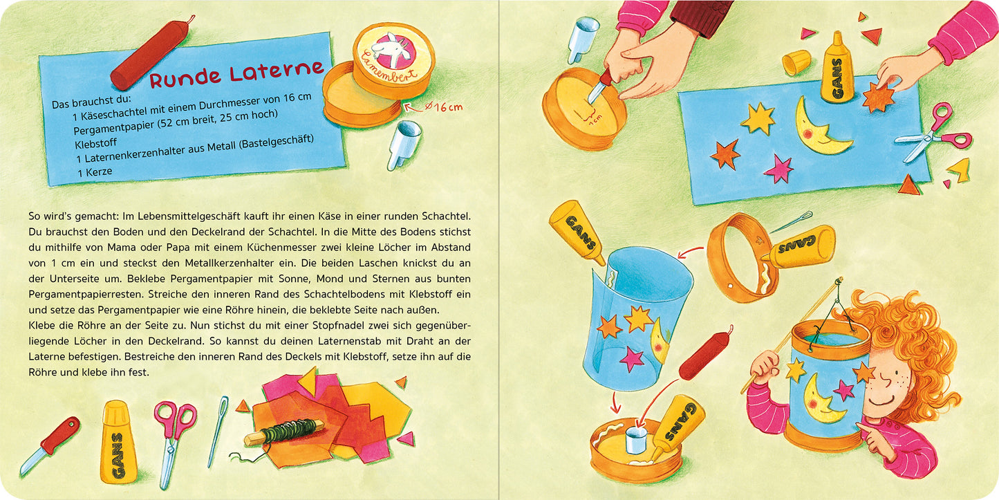 Gezeigt wird eine Innen- oder Zusatzansicht von „Ich geh mit meiner Laterne“. Die Seite ist farbenfroh gestaltet mit einem hellen Hintergrund und leichten, bunten Illustrationen, die Materialien zum Basteln einer Laterne zeigen. Zentrale Elemente sind ein runder Karton, Scheren, Kleber und ein Wasserbehälter. Die Schrift ist in einer verspielten, gut lesbaren Typografie gehalten, wobei „Runde Laterne“ hervorgehoben ist. Sterne und andere kindgerechte Motive verleihen der Seite eine...