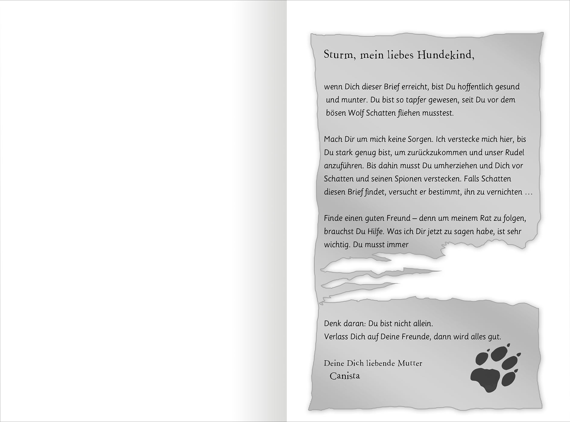 Gezeigt wird eine Innen- oder Zusatzansicht von „Auf magischen Pfoten – Allerbeste Freundinnen“. Die Seite zeigt einen handgeschriebenen Brief in einer stilisierten Schriftart, die warm und einladend wirkt. Der Hintergrund ist in sanften Grautönen gehalten, während der Brief auf einem geprägten, papyrusähnlichen Blatt dargestellt ist. Unter dem Text findet sich eine stilisierte Pfote, die die emotionale Bindung zwischen den Charakteren symbolisiert. Der gesamte Eindruck vermittelt...