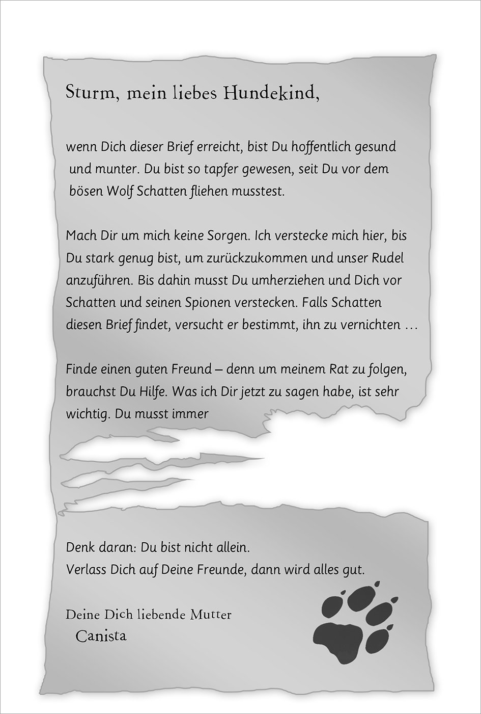 Gezeigt wird eine Innen- oder Zusatzansicht von „Auf magischen Pfoten – Allerbeste Freundinnen“. Der Text ist in einem handschriftlichen, verspielten Stil verfasst und auf einem strukturierten, grau-beigen Hintergrund platziert. Die Seitenränder sind unregelmäßig und wirken wie pergamentartig. Die Hauptschriftfarbe ist dunkel, wodurch der Text gut lesbar ist. Unterhalb des Textes befindet sich ein stilisierter Pfotenabdruck, der das Thema des Buches unterstreicht.