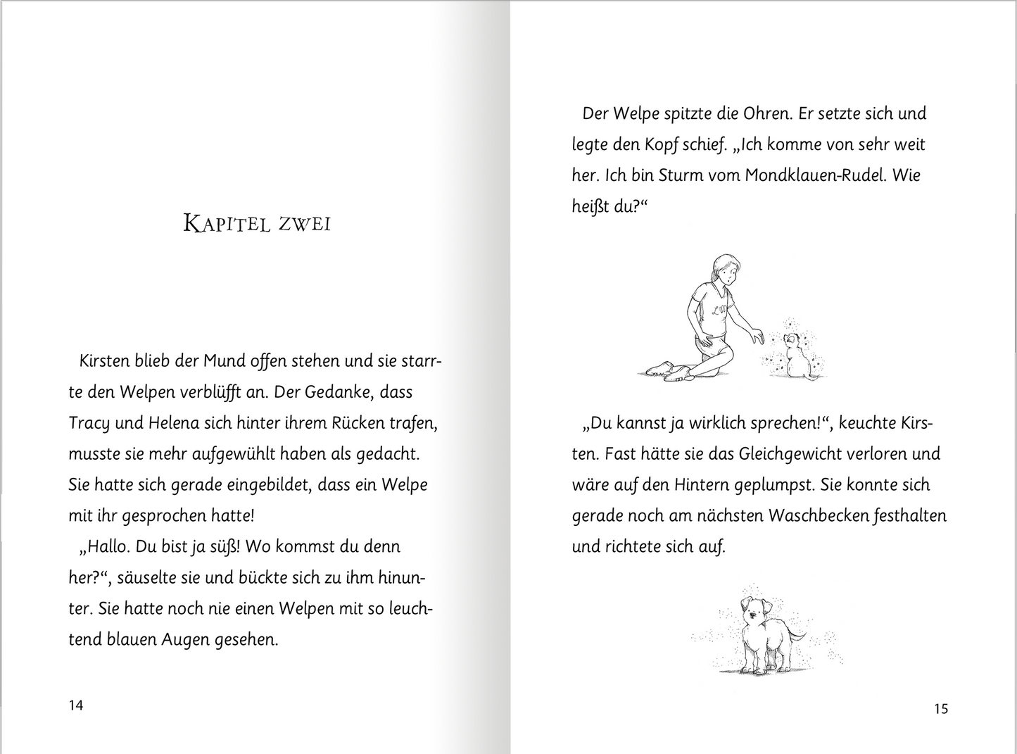 Gezeigt wird eine Innen- oder Zusatzansicht von „Auf magischen Pfoten – Allerbeste Freundinnen“. Die Seite beinhaltet eine klare, gut lesbare Typografie mit dem Titel „Kapitel zwei“ in einer verspielten Schriftart. Links sind Illustrationen eines Welpen und eines Mädchens abgebildet, die in sanften Grautönen gehalten sind. Der Text rechts beschreibt die Szene in lebendigen Worten, während der Hintergrund weiß bleibt, um die Lesbarkeit zu fördern.