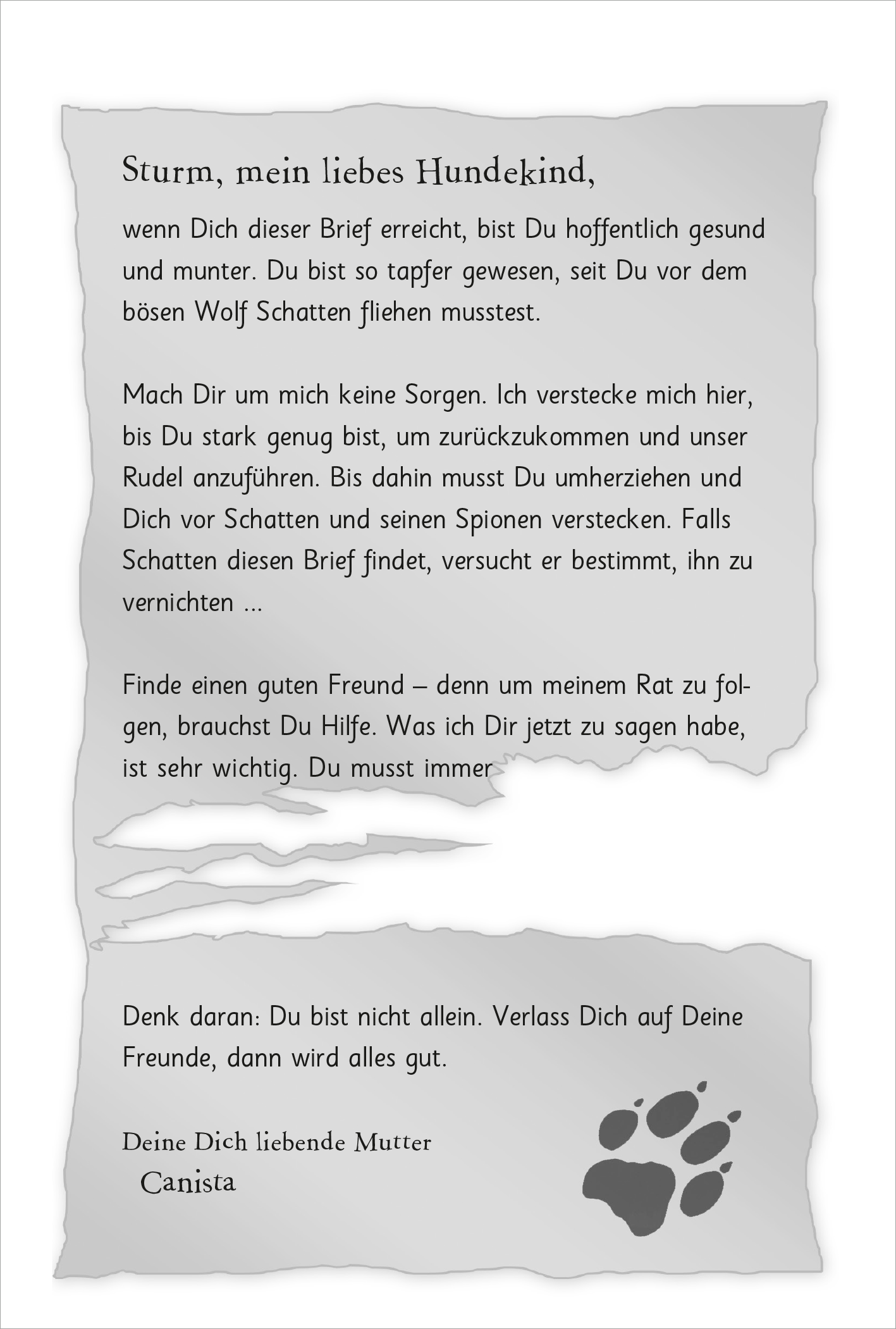 Gezeigt wird eine Innen- oder Zusatzansicht von „Auf magischen Pfoten – Wuffige Weihnachten“. Der Text ist in einer nostalgischen Schreibmaschrift verfasst und steht auf einem von verwaschenen Kanten umgebenen, hellen Hintergrund, der an altes Papier erinnert. Die Farbpalette ist weich und warm, dominiert von Grautönen mit dezenten Schwarz- und Brauntönen. Am unteren Rand ist eine Pfotenabdruck-Grafik zu sehen, die das Thema des Buches unterstreicht.