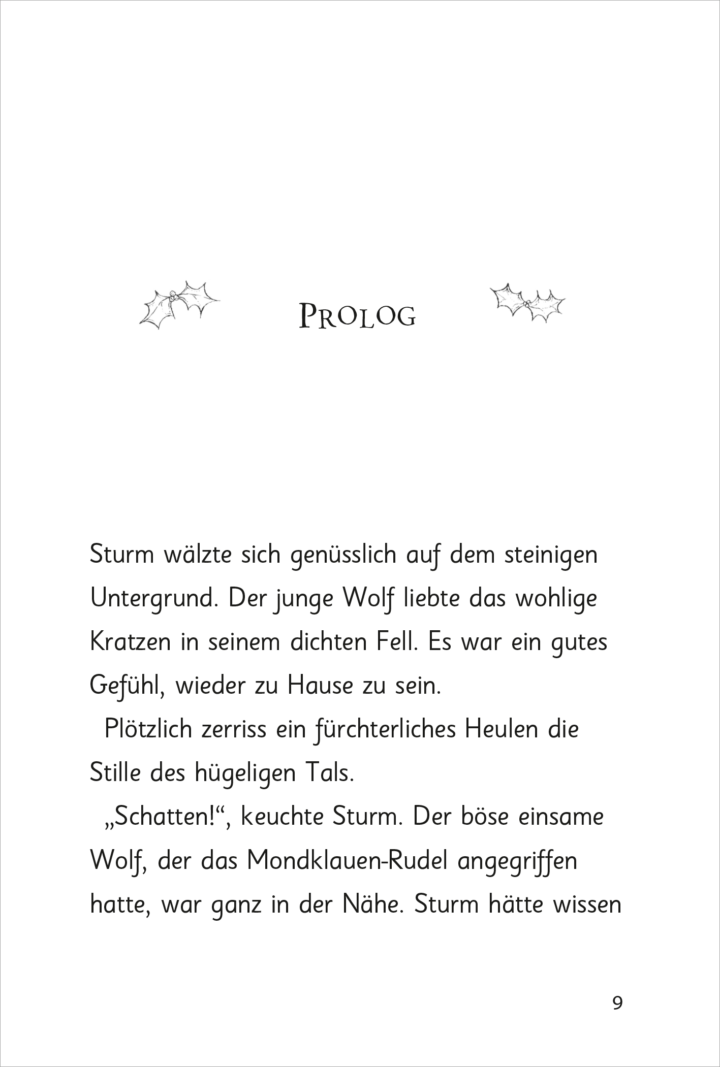 Gezeigt wird eine Innen- oder Zusatzansicht von „Auf magischen Pfoten – Wuffige Weihnachten“. Die Seite präsentiert sich mit einem sanften, weißen Hintergrund. Am oberen Rand befindet sich der Titel „PROLOG“ in einer eleganten, geschwungenen Schriftart. Unter dem Titel sind zarte, grafische Elemente in Form von Weihnachtsblättern abgebildet. Der Fließtext ist in einer gut lesbaren, serifenlosen Schrift gehalten und umfasst eine spannende Erzählung über den jungen Wolf Sturm.