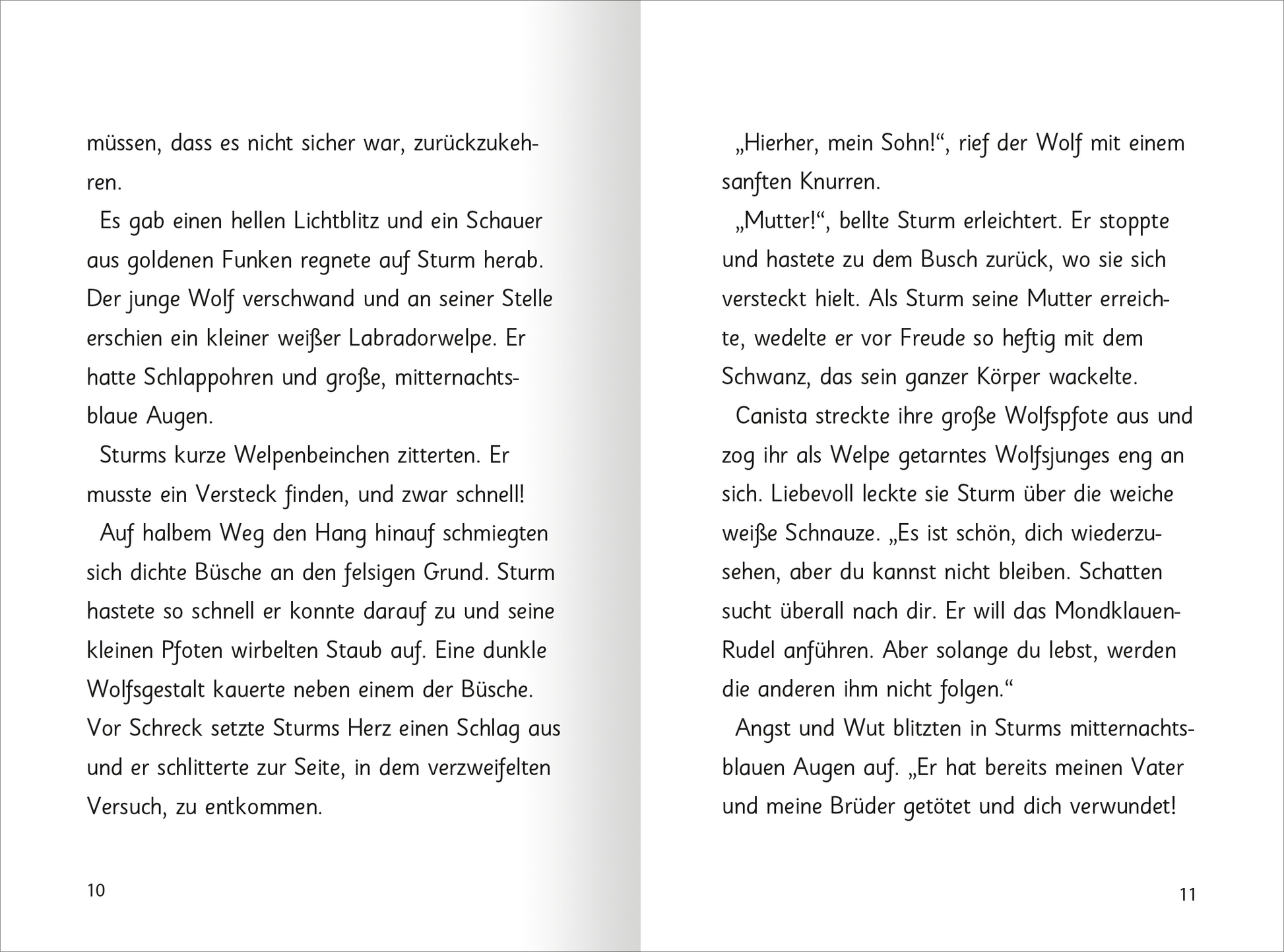 Gezeigt wird eine Innen- oder Zusatzansicht von „Auf magischen Pfoten – Wuffige Weihnachten“. Die Seite zeigt einen poetischen Text in klarer, gut lesbarer Schrift. Die Typografie ist freundlich und einladend, mit großen, geschwungenen Buchstaben. Die Farben sind sanft, mit viel Weißraum, der die Augen entlastet. Illustrationen von Wölfen und Welpen ergänzen den Text, wobei die Figuren lebendig und verspielt wirken, und eine weihnachtliche Atmosphäre erzeugen.