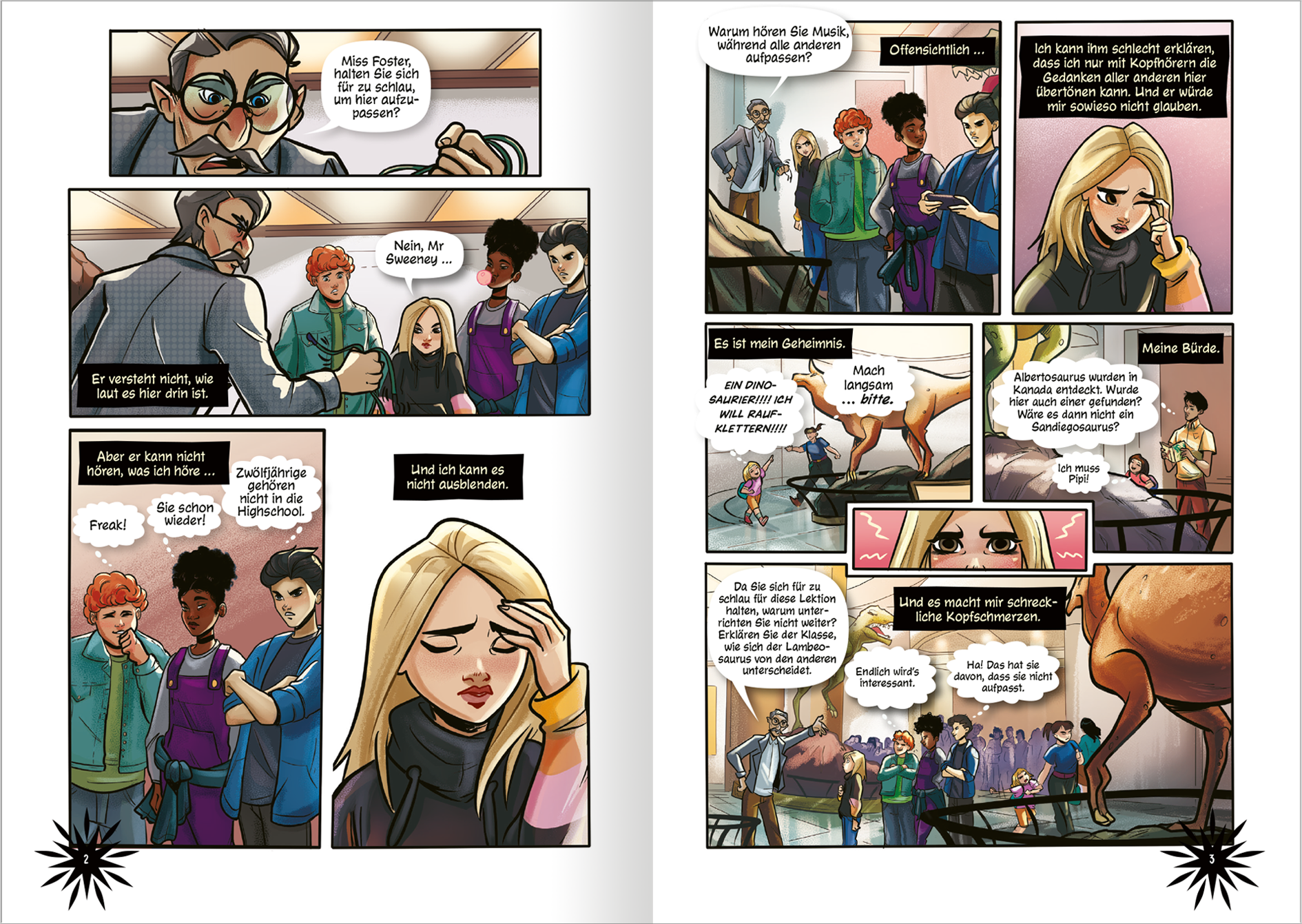 Gezeigt wird eine Innen- oder Zusatzansicht von „Keeper of the Lost Cities – Die Graphic Novel – Teil 1“. Auf der Doppelseite sind mehrere Panels mit lebhaften, bunten Illustrationen zu sehen. In den Dialogblasen sind verschiedene Schriftarten verwendet, um Emotionen und Betonungen hervorzuheben. Die Charaktere sind vielfältig dargestellt, mit unterschiedlichen Frisuren und Outfits. Die Farbpalette ist kräftig und spielerisch, mit einem Kontrast zwischen hellen Tönen und dunklen...