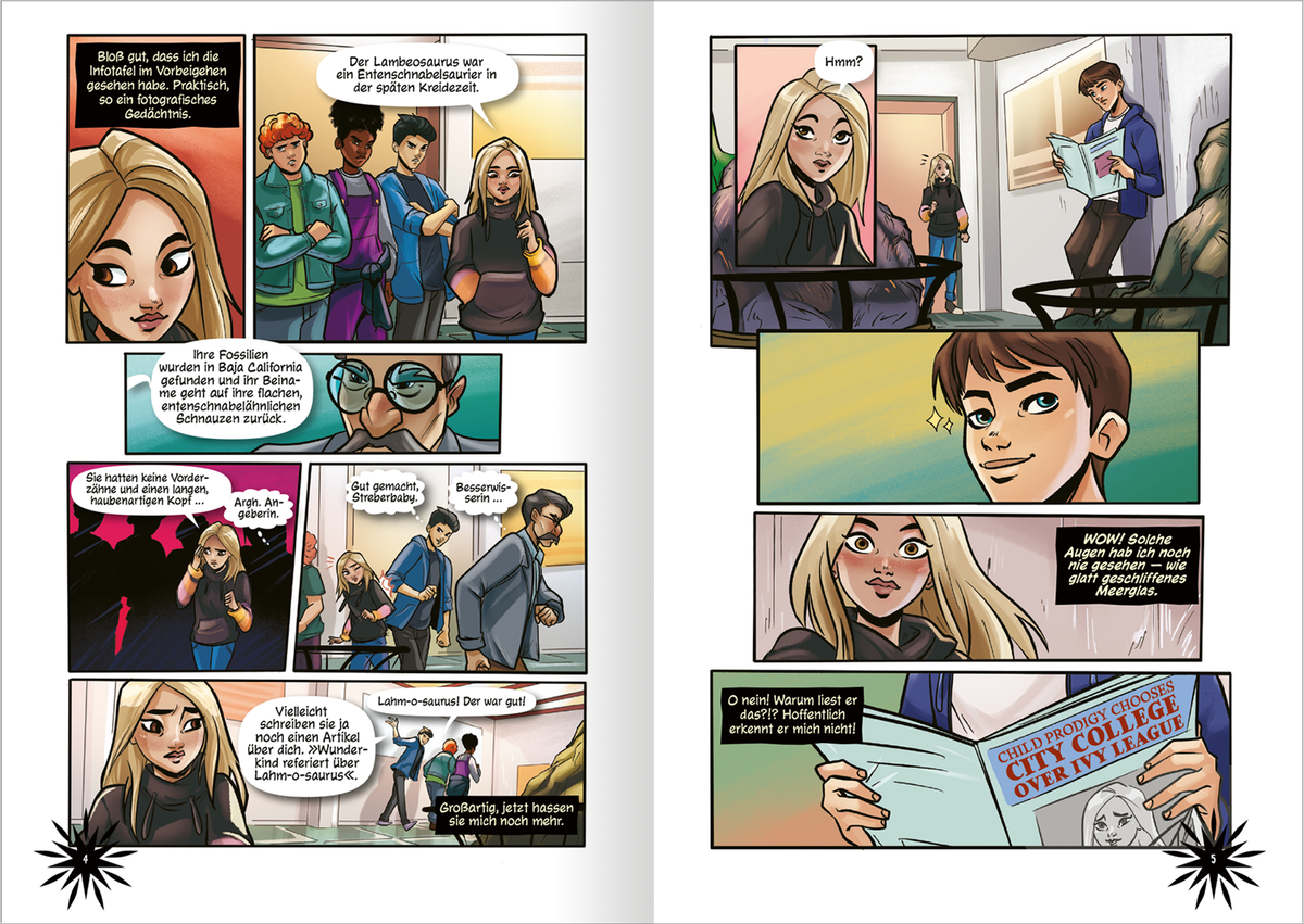 Gezeigt wird eine Innen- oder Zusatzansicht von „Keeper of the Lost Cities – Die Graphic Novel – Teil 1“. Die Seite zeigt mehrere Charaktere in lebhaften Farben, darunter eine blonde Protagonistin und ihre Freunde, die in einem Schulflur stehen und miteinander sprechen. Sprechblasen vermitteln Dialoge, während die klare, moderne Typografie die Textinhalte hervorhebt. Die Illustration ist reich an Details und vermittelt eine dynamische, jugendliche Atmosphäre.