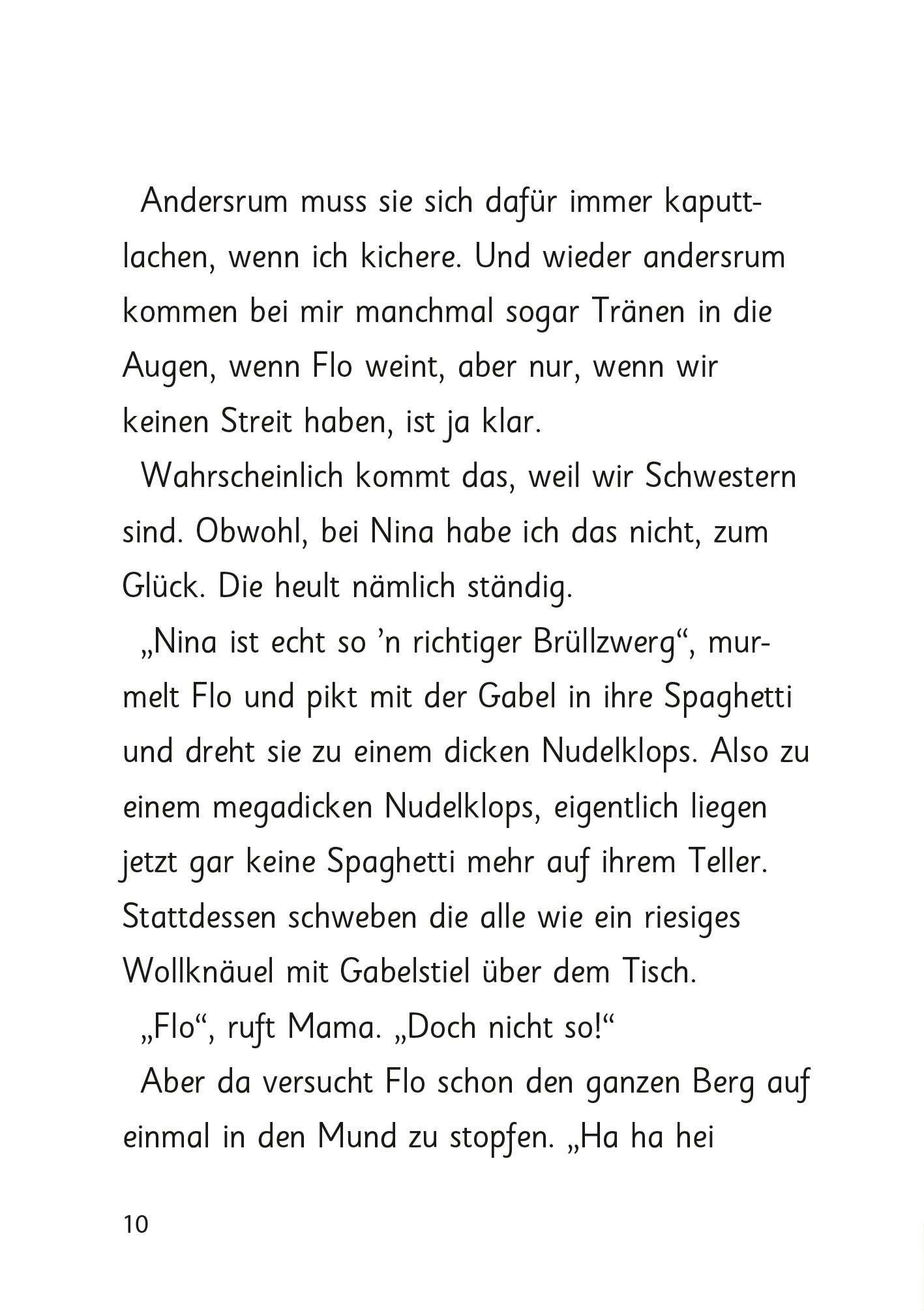 Gezeigt wird eine Innen- oder Zusatzansicht von „Ziemlich beste Schwestern – Spaghetti mit Konfetti“. Die Seite zeigt schwarzen Text auf weißem Hintergrund in einer gut lesbaren Schriftart.