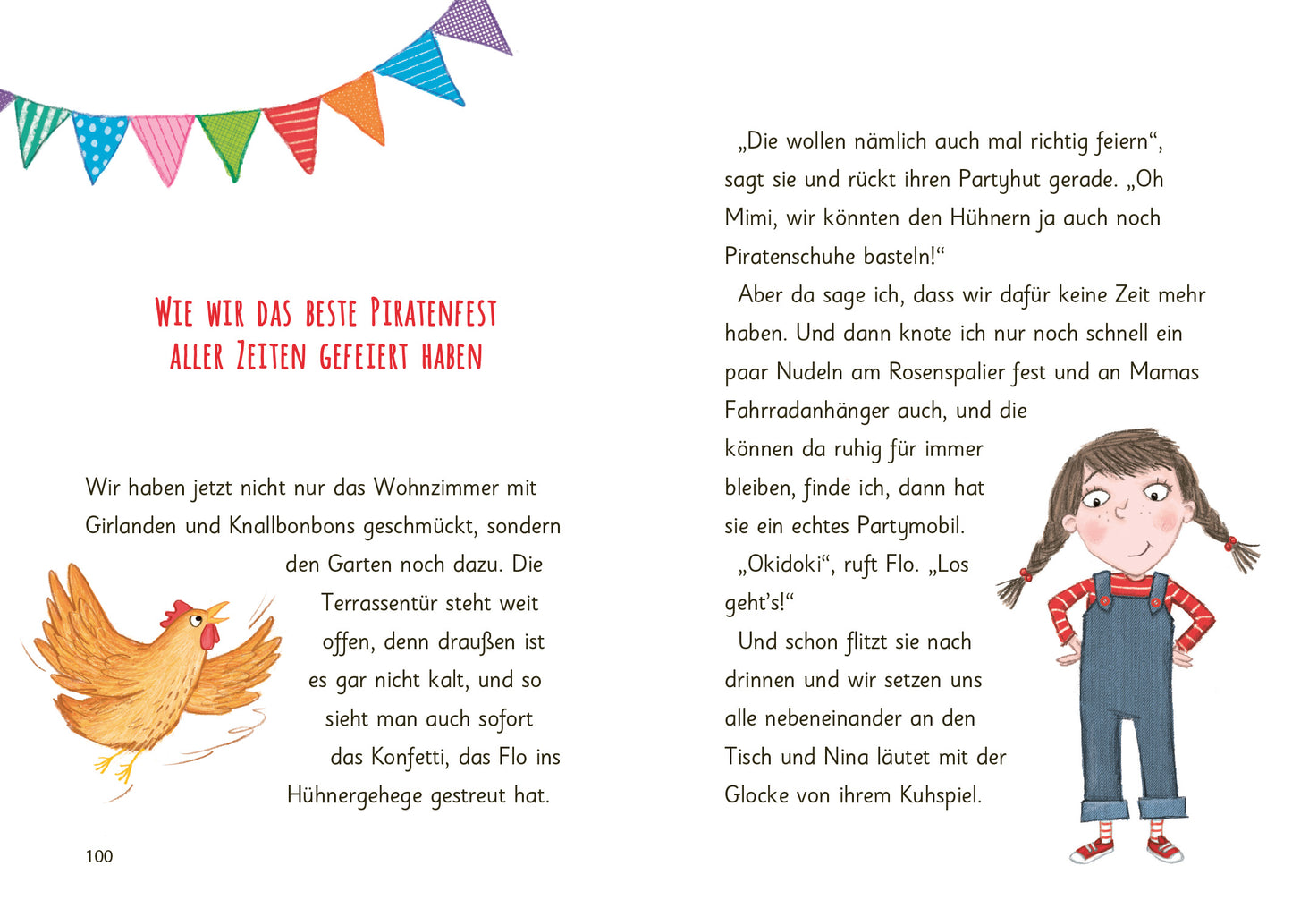 Gezeigt wird eine Innen- oder Zusatzansicht von „Ziemlich beste Schwestern – Spaghetti mit Konfetti“. Auf der linken Seite ist eine illustrierte, orangefarbene Henne mit geschwungenen Federn und einem lebhaften Ausdruck zu sehen. Oben rechts hängt eine bunte Wimpelkette. Auf der rechten Seite steht ein Mädchen mit Zöpfen, das ein gestreiftes Oberteil und Latzhosen trägt. Die Schrift ist gut lesbar.