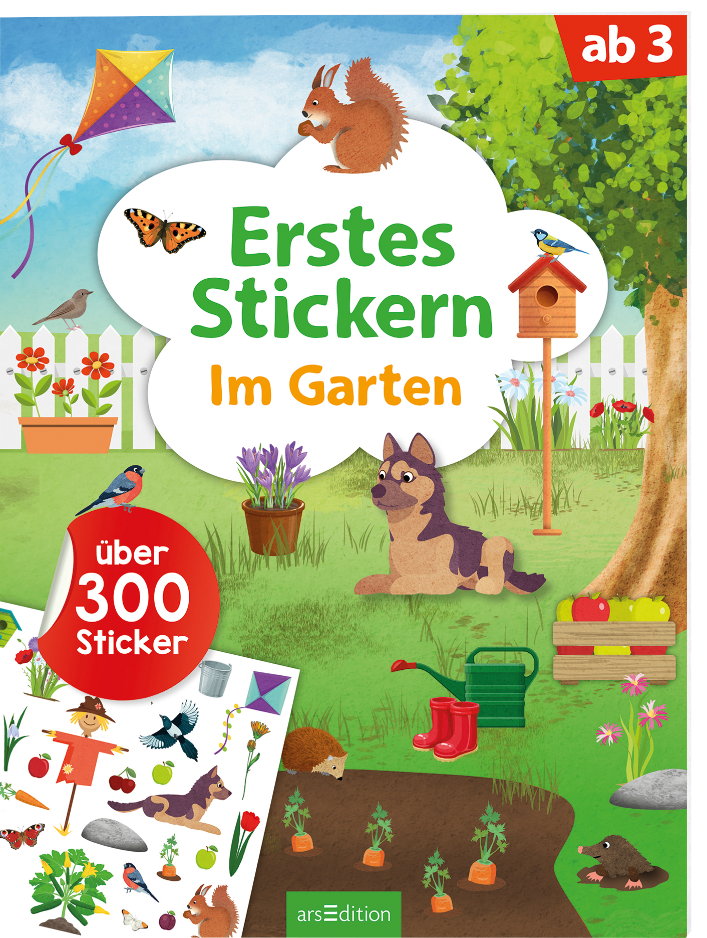 Das Buchcover zeigt eine freundliche Gartenlandschaft mit verschiedenen bunten Elementen. Im Zentrum steht der Titel „Erstes Stickern“ in grüner Schrift, darüber der Untertitel „Im Garten“ in orange. Umgeben ist der Titel von einem cartoonhaften Eichelhäher, einem Eichhörnchen und fröhlichen Insekten. Im Vordergrund sind Pflanzen, ein Hund und Gartengeräte zu sehen. Ein roter Button mit dem Text „über 300 Sticker“ fügt sich lebhaft in die Szene ein. Ganz unten mittig steht...