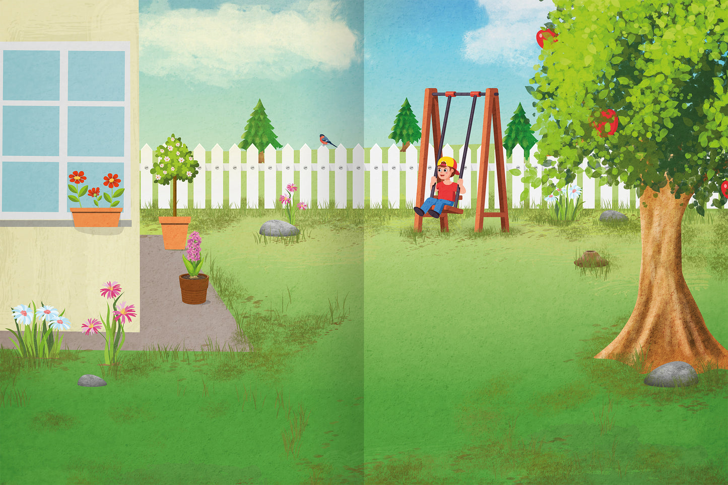 Gezeigt wird eine Innen- oder Zusatzansicht von „Erstes Stickern – Im Garten“. Die Szene zeigt einen bunten Garten mit einer schwingenden Kinderfigur auf der linken Seite. Neben der Schaukel und einem großen Apfelbaum stehen hübsche Blumen in verschiedenen Töpfen. Die Farben sind lebhaft, darunter sattes Grün, helles Blau und warme Erdtöne. Die Typografie ist kinderfreundlich und verspielt, ergänzt durch fröhliche Elemente wie Vögel und eine weiße Zaunreihe.