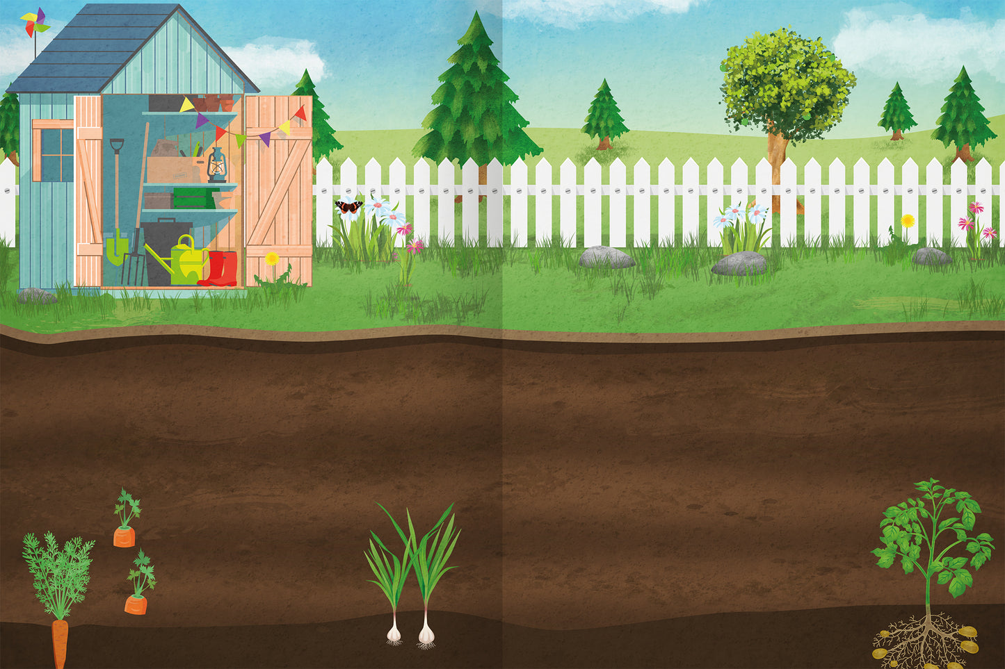 Gezeigt wird eine Innen- oder Zusatzansicht von „Erstes Stickern – Im Garten“. Die Illustration zeigt ein freundliches Gartenhaus in sanften Blau- und Holztönen, umgeben von üppigem Grün. Im Vordergrund befinden sich verschiedene Gemüsesorten wie Karotten und Frühlingszwiebeln, eingefügt in eine braune Erde. Im Hintergrund erstreckt sich ein gepflegter Garten mit einem weißen Zaun, bunten Blumen und mehreren Bäumen. Die Farben sind lebhaft und ansprechend, die Typografie ist...