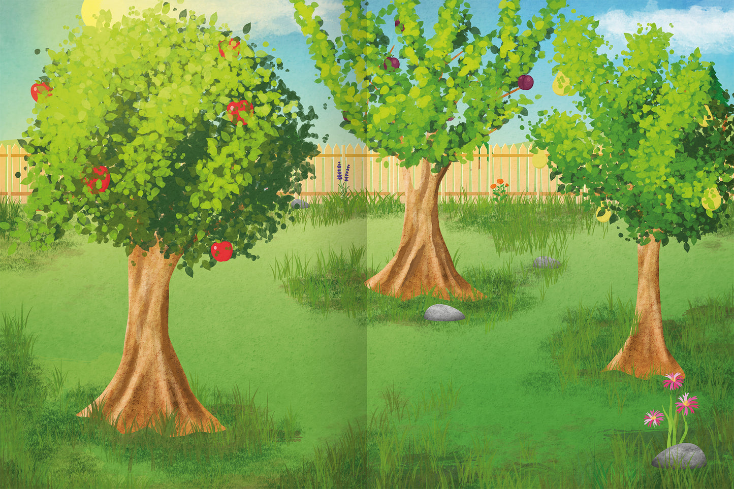 Gezeigt wird eine Innen- oder Zusatzansicht von „Erstes Stickern – Im Garten“. Die Illustration zeigt eine grüne Wiese mit zwei üppigen Obstbäumen, die mit roten und lila Früchten geschmückt sind. Der Himmel ist blau mit sonnigen Elementen, während ein Holzzaun im Hintergrund sichtbar ist. Die Bäume sind in warmen Brauntönen gehalten, und im Vordergrund liegen graue Steine sowie bunte Blumen, die zusätzliche Farbakzente setzen. Die Gestaltung ist lebhaft und ansprechend für...